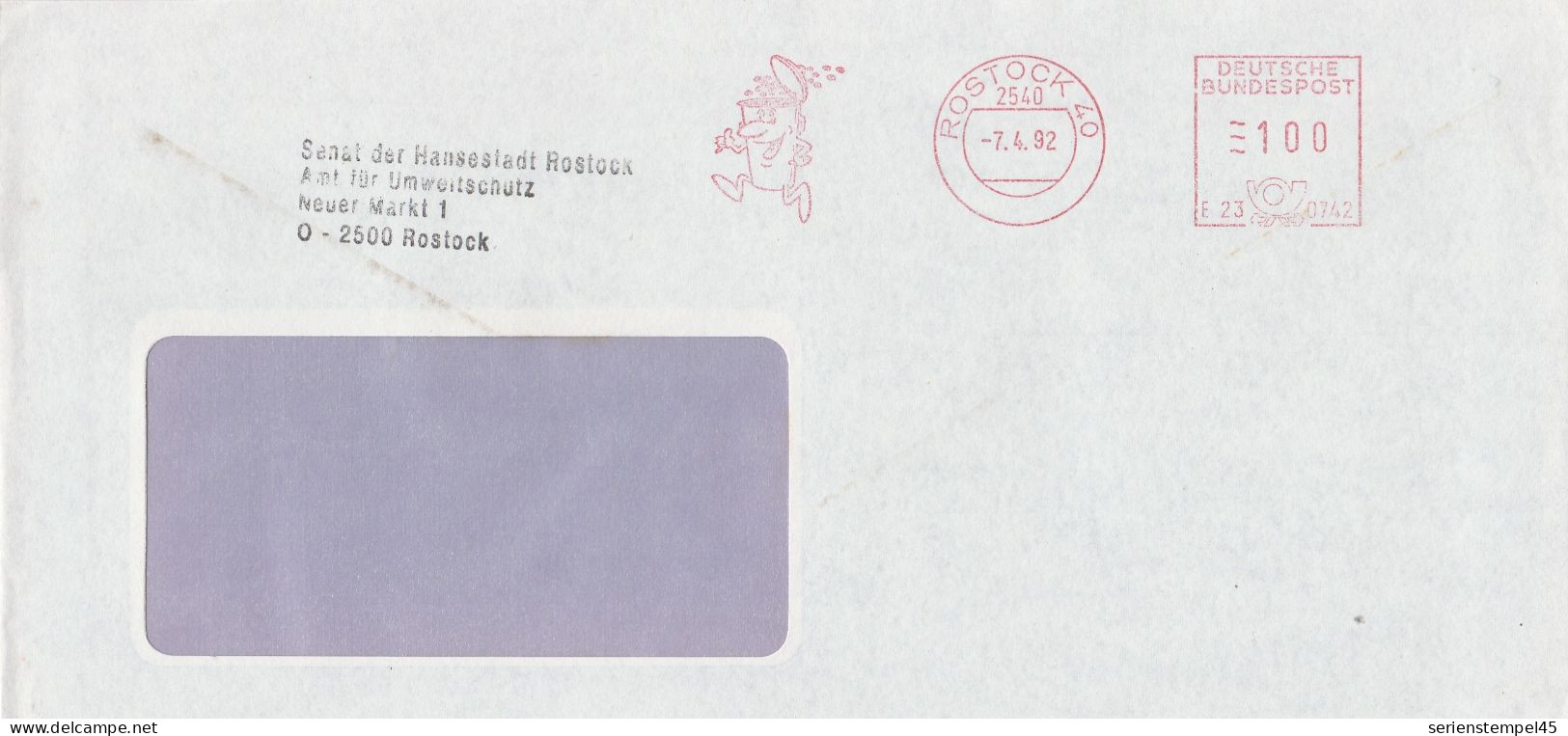 Deutsche Bundespost Brief Mit Freistempel VGO PLZ Oben Rostock 1992 Senat Der Hansestadt Motiv Mülltonne E23 0742 - Frankeermachines (EMA)