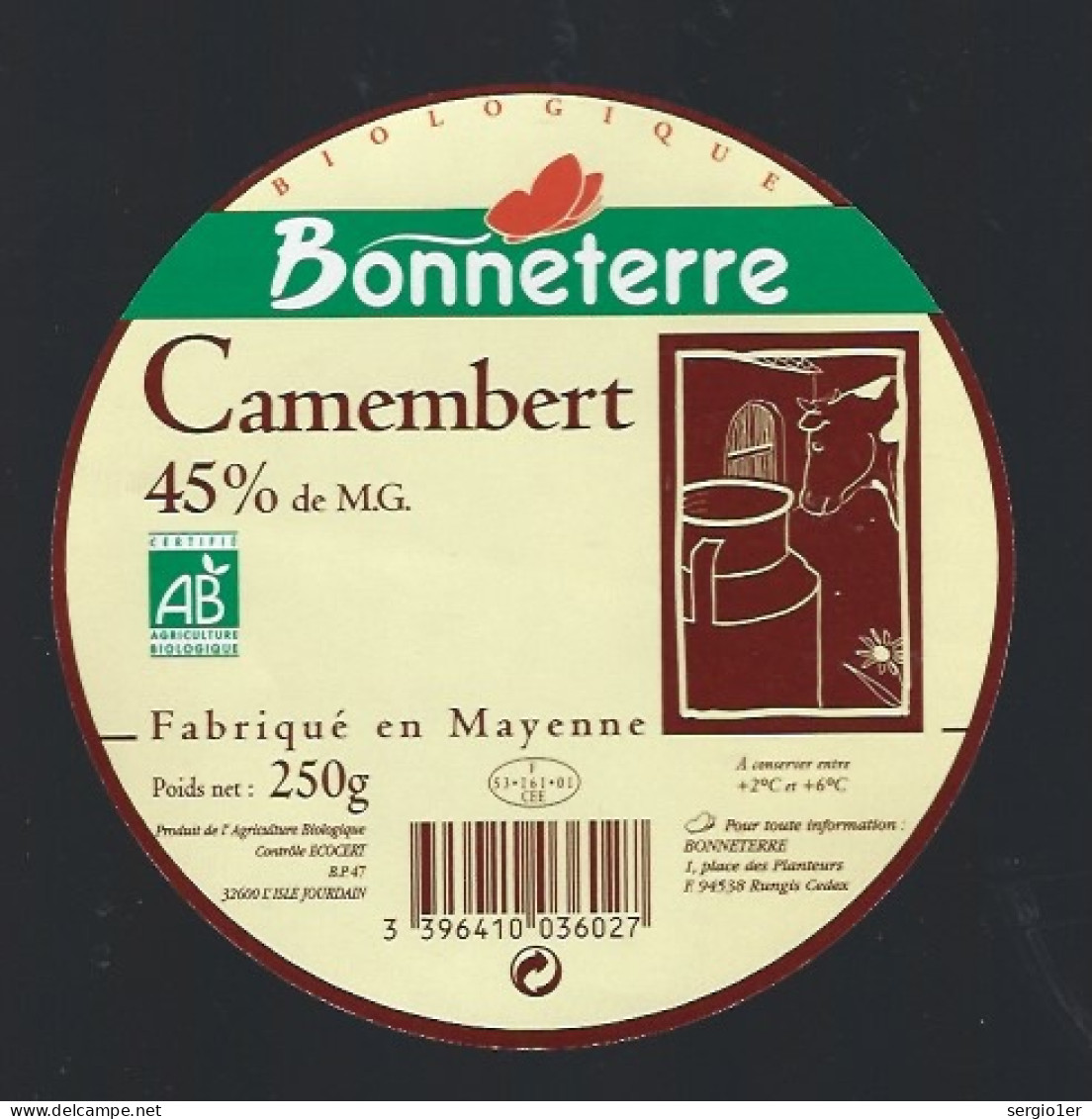 Etiquette Fromage Camembert Biologique Bonneterre Fabriqué En Mayenne  F5316101CEE - Formaggio