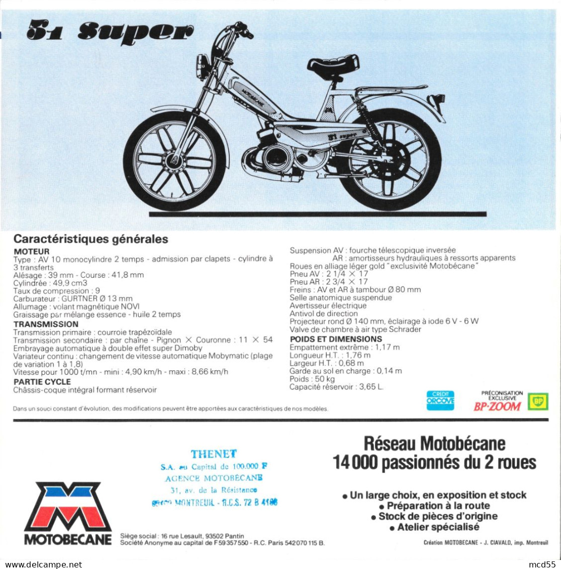 MOTOBECANE - MOBYLETTE - MOTOCONFORT - Modele 51 Super  " Etablissement THENET - 93 Montreuil " - Advertising