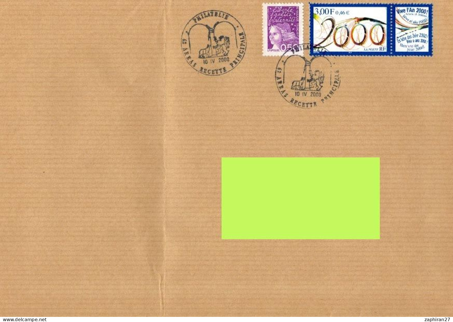 62 - ARRAS RECETTE PRINCIPALE (PAS DE CALAIS) CACHET PHILATELIQUE / LION (10-IV-2000) #828# - Felini