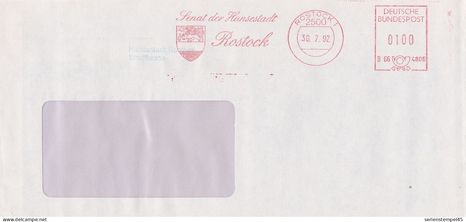 Deutsche Bundespost Brief Mit Freistempel VGO PLZ Oben Rostock 1992 Senat Der Hansestadt Motiv Wappen B66 4806 - Frankeermachines (EMA)