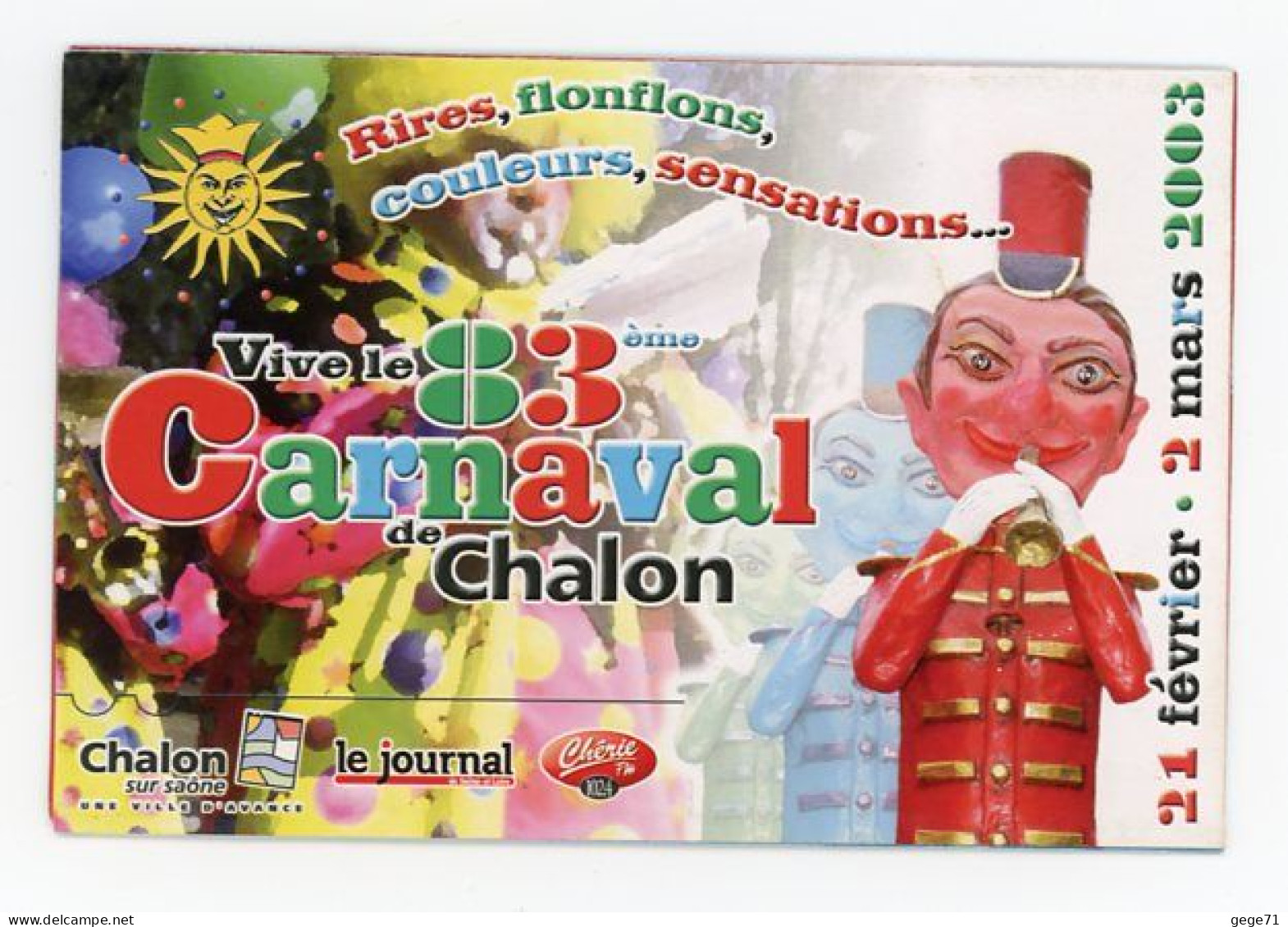 Chalon Sur Saone - Programme Carnaval 2003 - Depliant - Programme