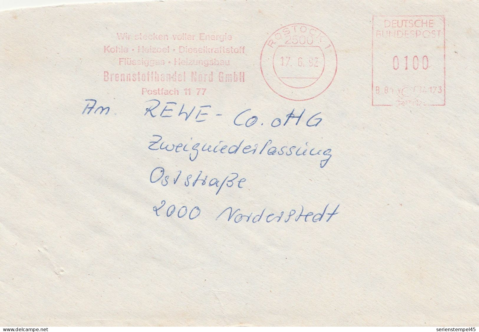 Deutsche Bundespost Brief Mit Freistempel VGO PLZ Oben Rostock 1992 Brennstoffhandel Nord - Maschinenstempel (EMA)