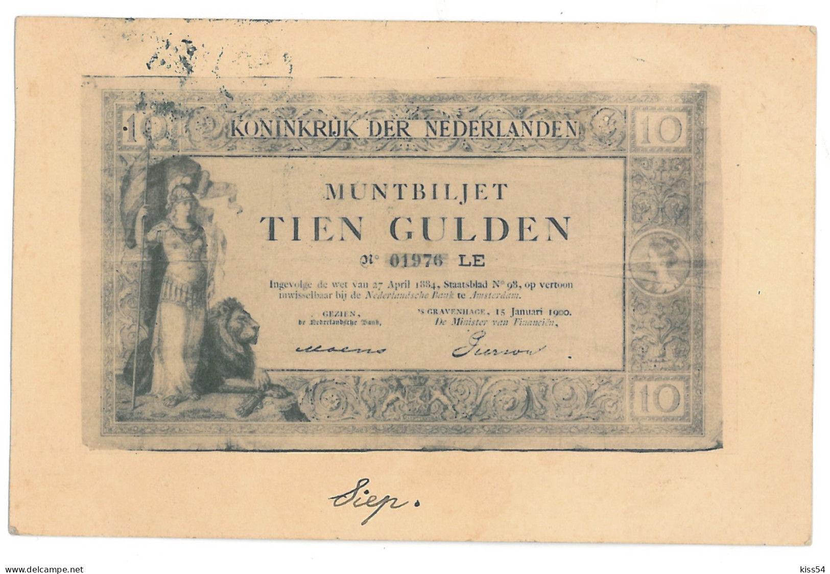 NED 4 - 12210 HOLLAND, Litho, Banknote 10 Gulden - Old Postcard - Used - 1902  - Monnaies (représentations)