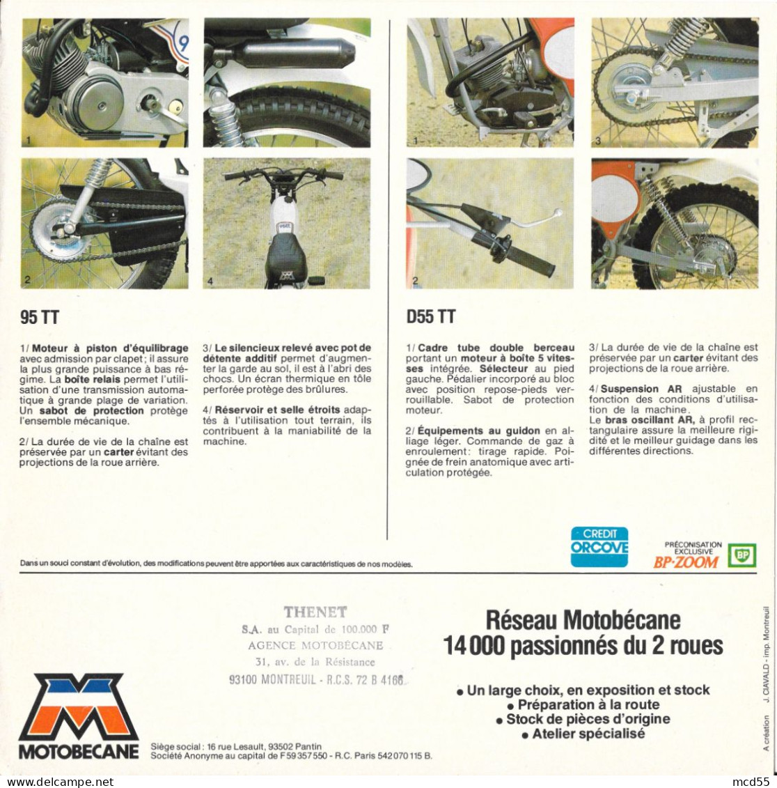 MOTOBECANE - MOBYLETTE - MOTOCONFORT - Modele D 55 TT -  95 TT Les Tout Terrain " Etablissement THENET - 93 Montreuil " - Advertising