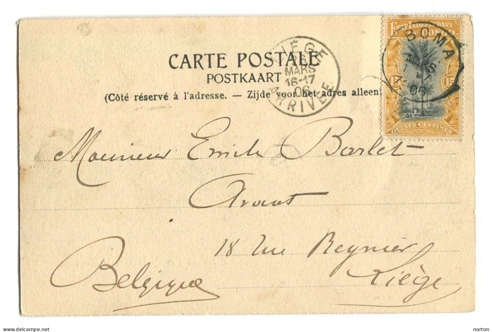 Congo Boma Oblit. Keach 1.7-DMtY Sur C.O.B. 20 Sur Carte Postale Vers Liège Le 06/03/1906 - Brieven En Documenten