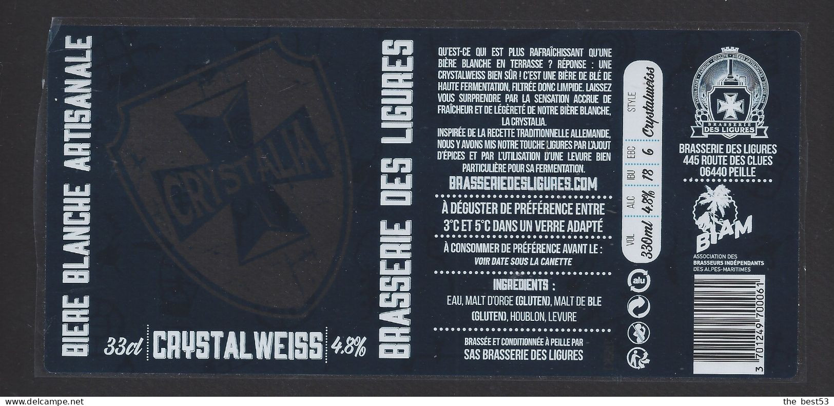 Etiquette De Bière Blanche -  Chystal Weiss  -  Brasserie Des Ligures à Peille (06) - Bier