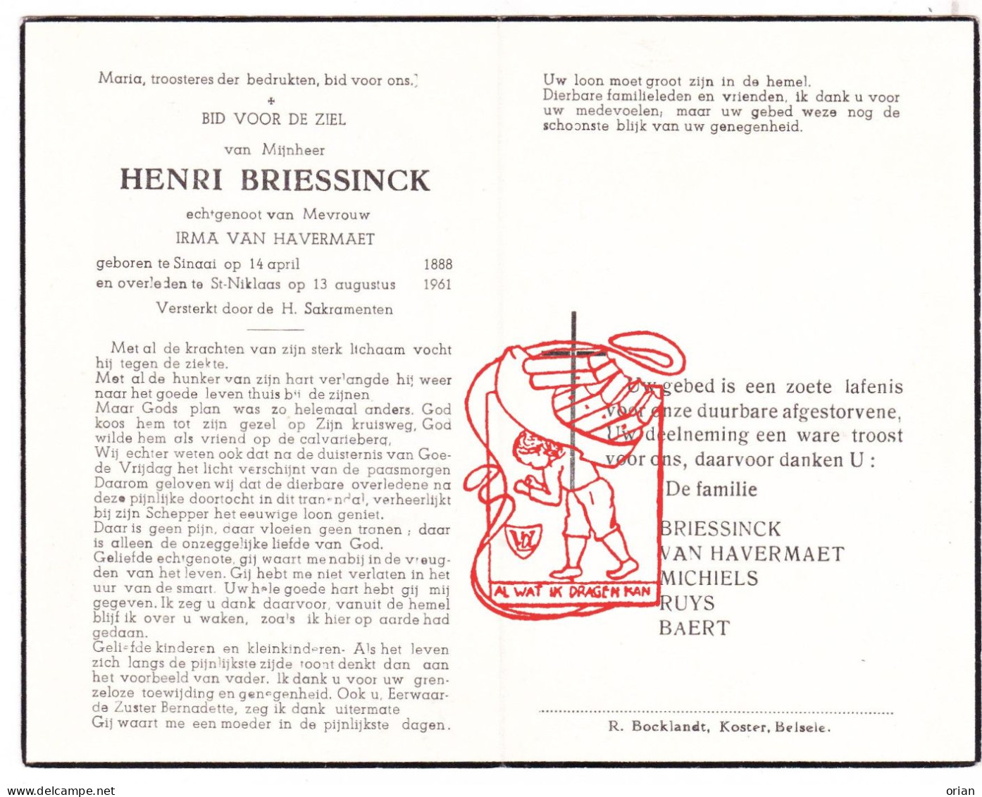 DP Henri Briessinck ° Sinaai 1888 † Sint-Niklaas 1961 X Irma Van Havermaet // Michiels Ruys Baert - Devotion Images