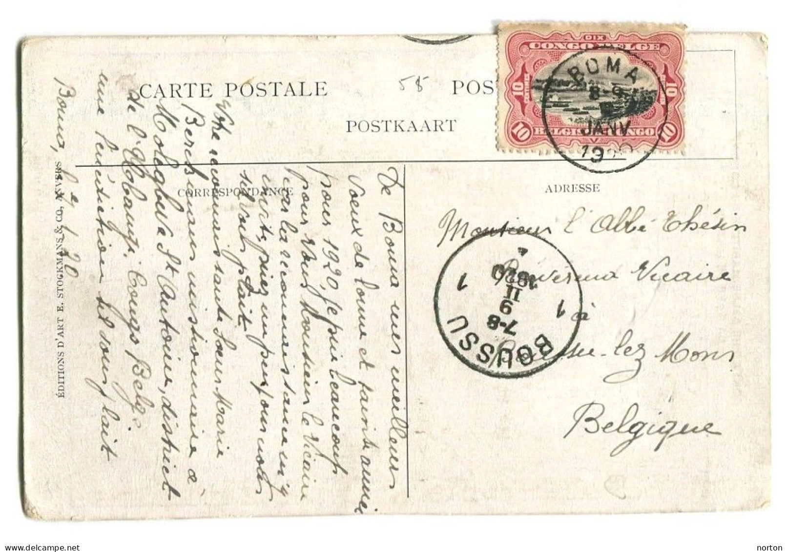 Congo Boma Oblit. Keach 1.12-tDMY Sur C.O.B. 65 Sur Carte Postale Vers Boussu Lez Mons Le 08/01/1920 - Lettres & Documents