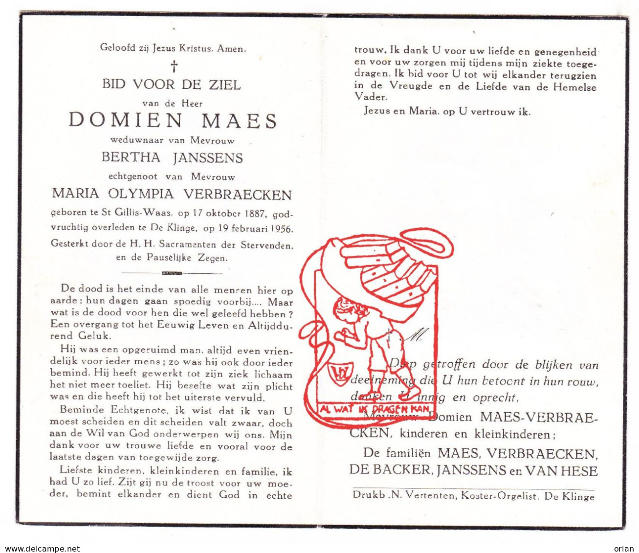 DP Domien Maes ° Sint-Gillis Waas 1887 † De Klinge 1956 X Bertha Janssens X Maria Verbraecken // De Backer Van Hese - Devotion Images