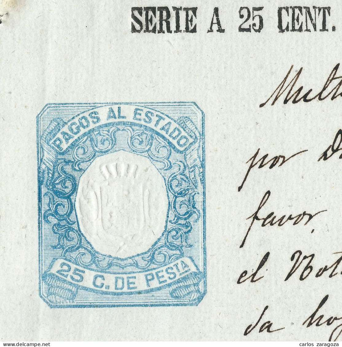 ESPAÑA 1877—PAGOS AL ESTADO Serie A, 25 Cts—Sello Fiscal SOCIEDAD Del TIMBRE - Fiscali