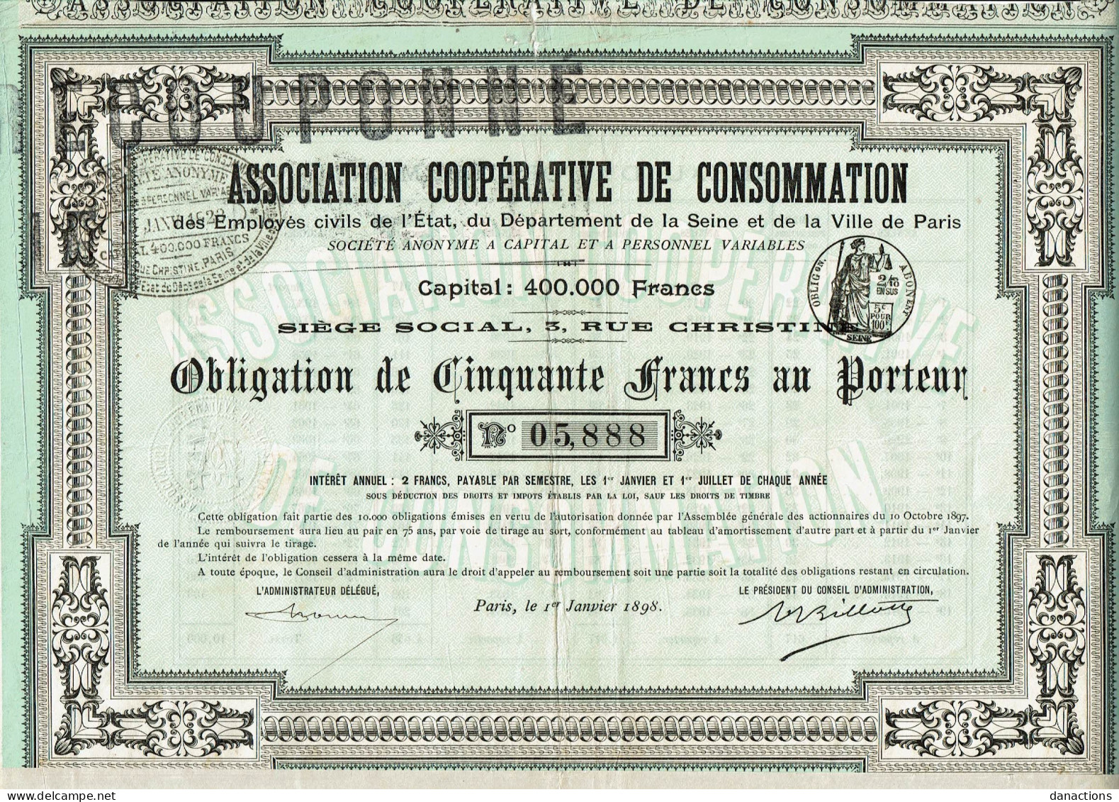 75-ASSOCIATION COOPERATIVE DE CONSOMMATION.  Voir Description.   1898 - Altri & Non Classificati