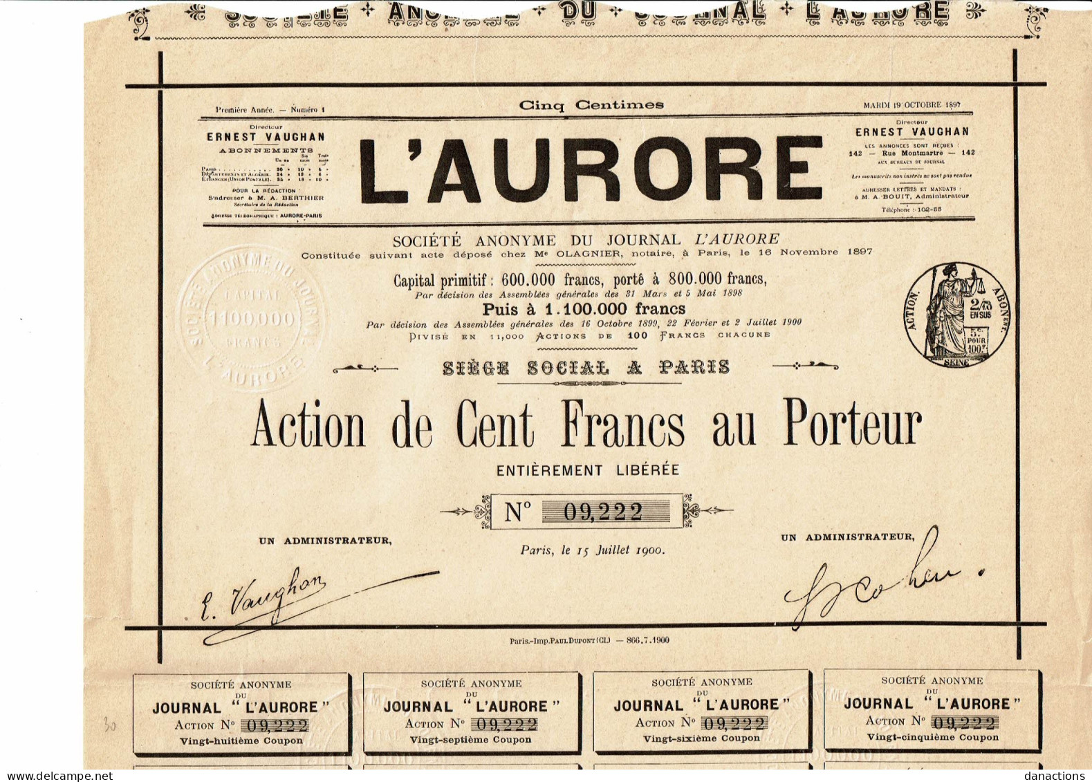 75-AURORE. L'...  SA DU JOURNAL L'AURORE.    1900 - Autres & Non Classés