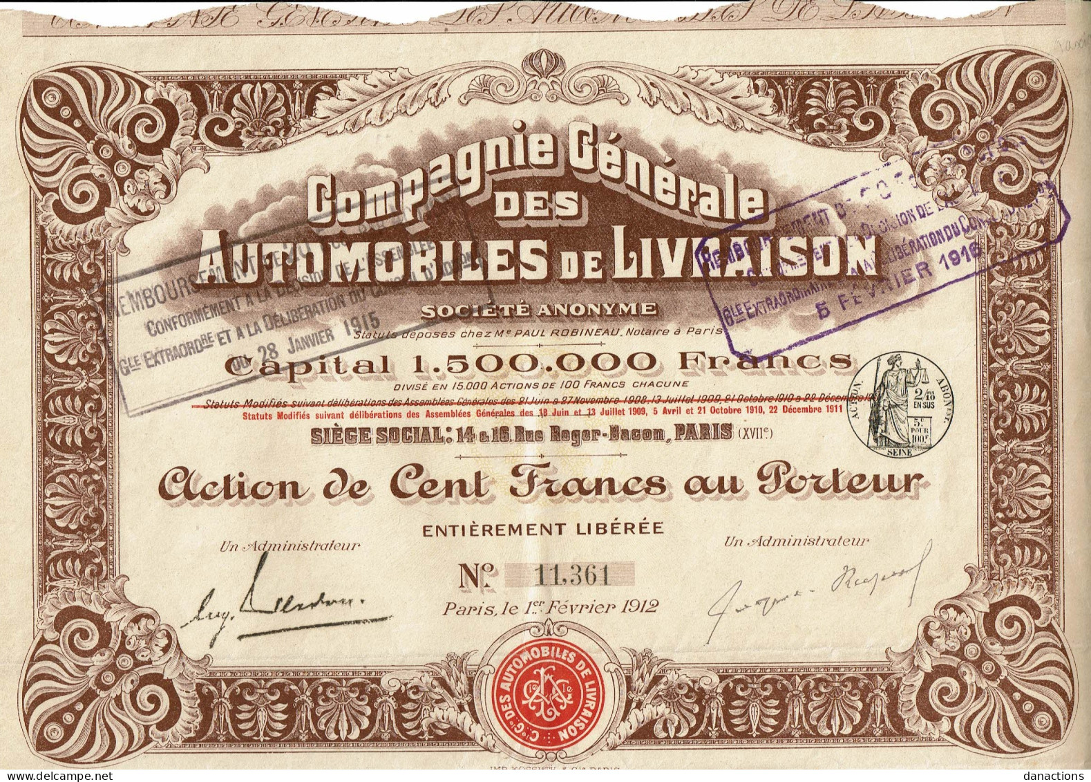 75-AUTOMOBILES DE LIVRAISON. CIE GLE DES ... Action 1912 - Altri & Non Classificati