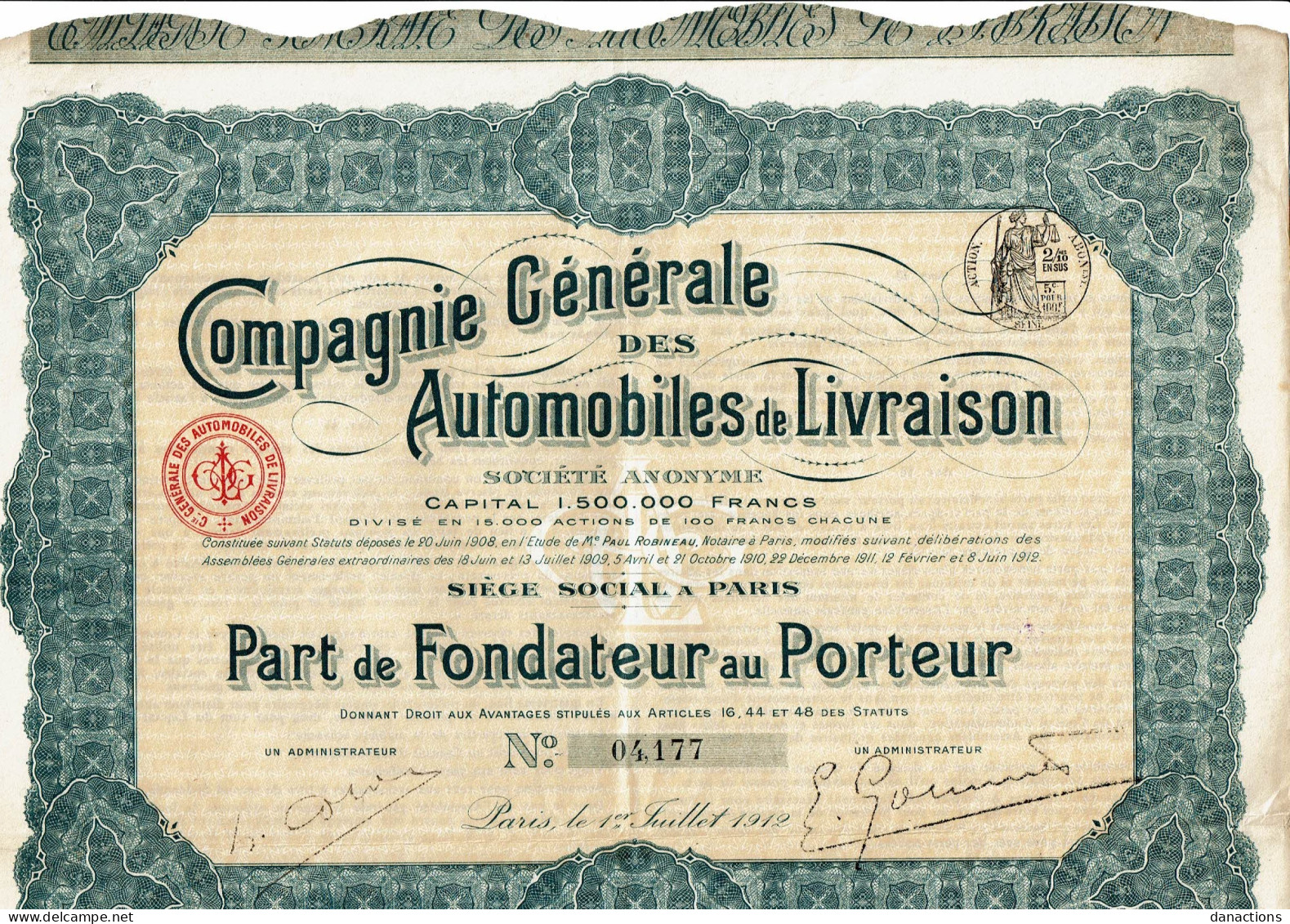 75-AUTOMOBILES DE LIVRAISON. CIE GLE DES ... P F 1912 - Other & Unclassified