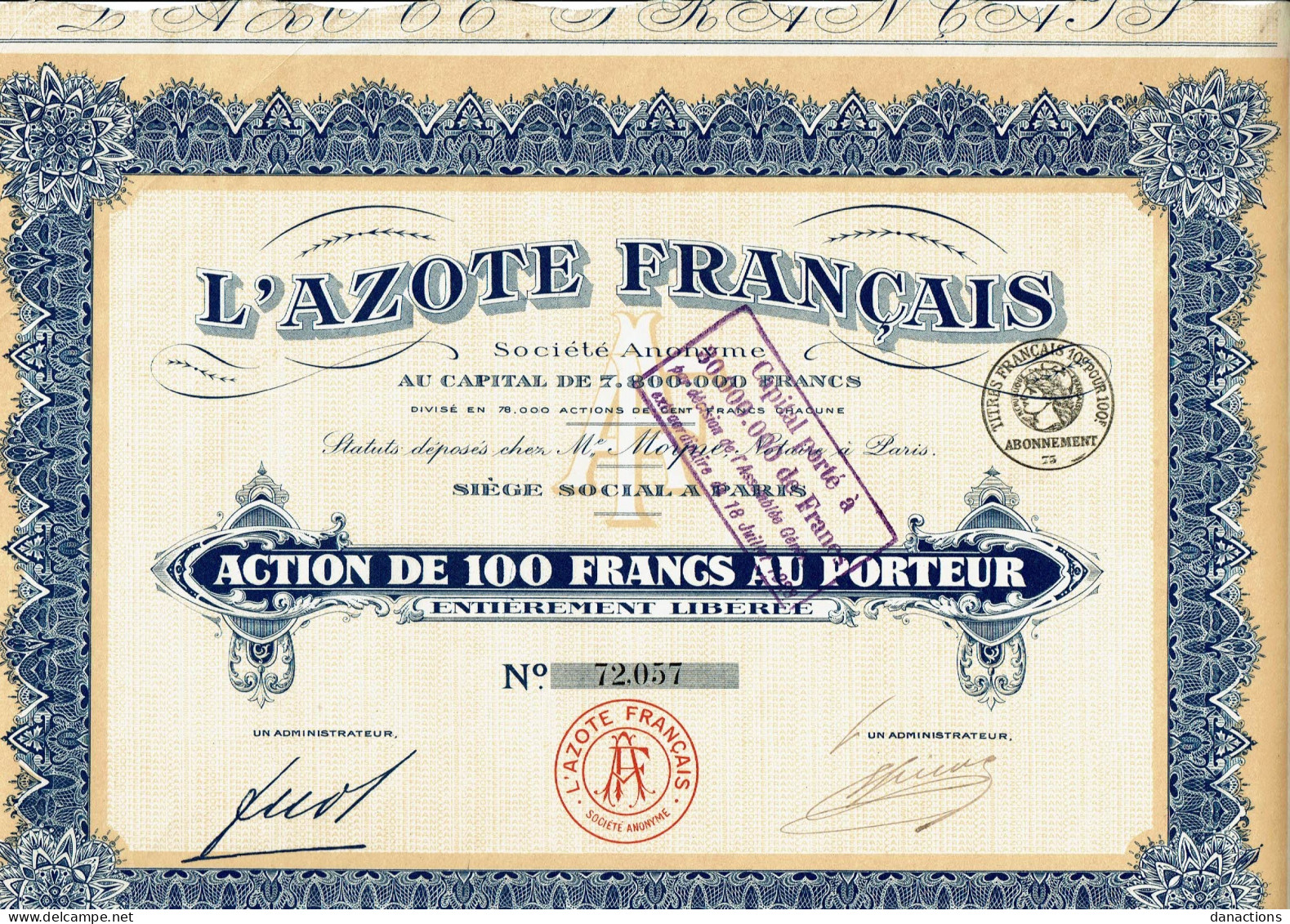 75-AZOTE FRANCAIS. L' ...  1926  Capital 7,8 MF     Lot De 11 - Other & Unclassified