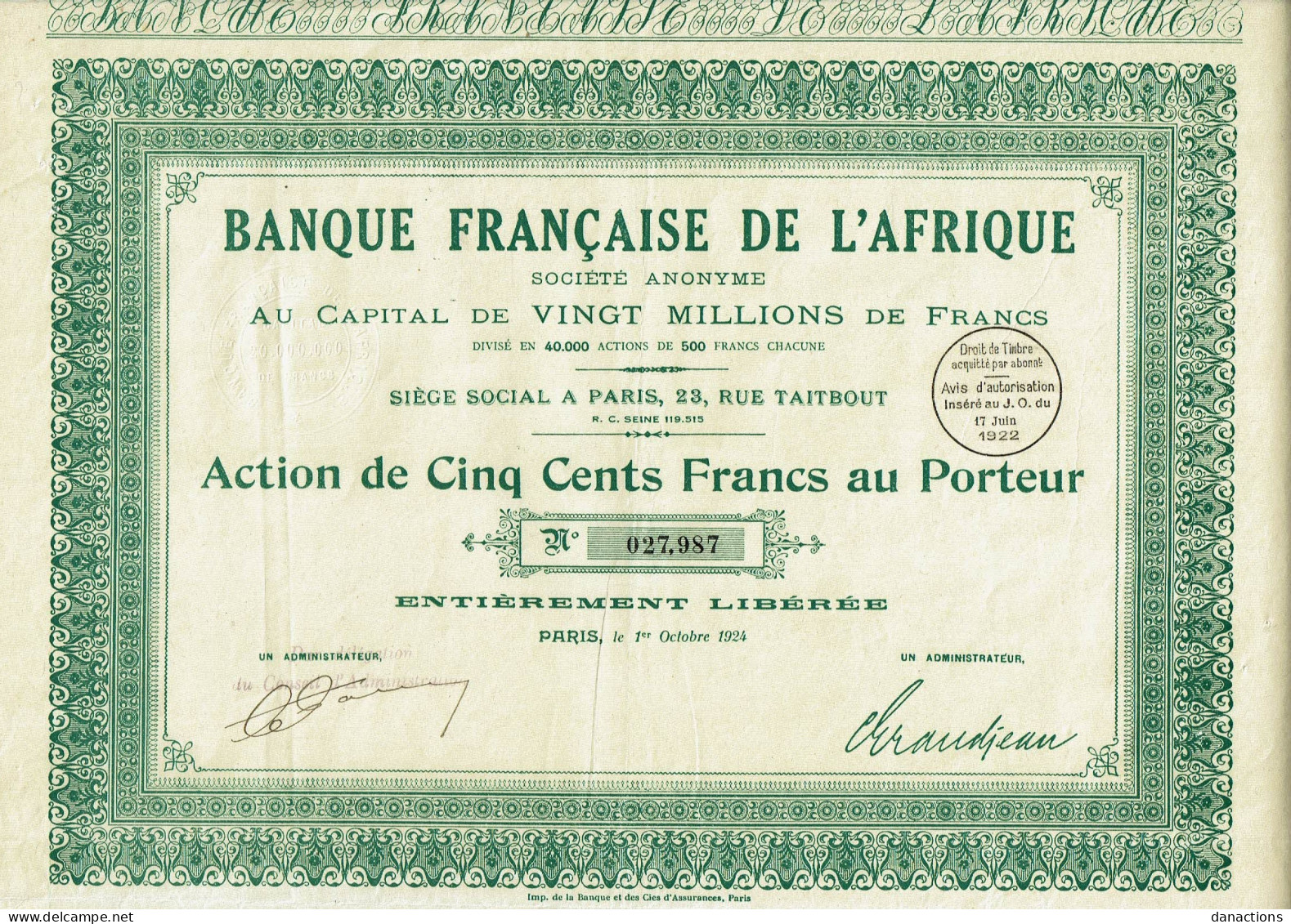75-BANQUE FRANCAISE DE L'AFRIQUE.   1924   Lot De 4 - Autres & Non Classés