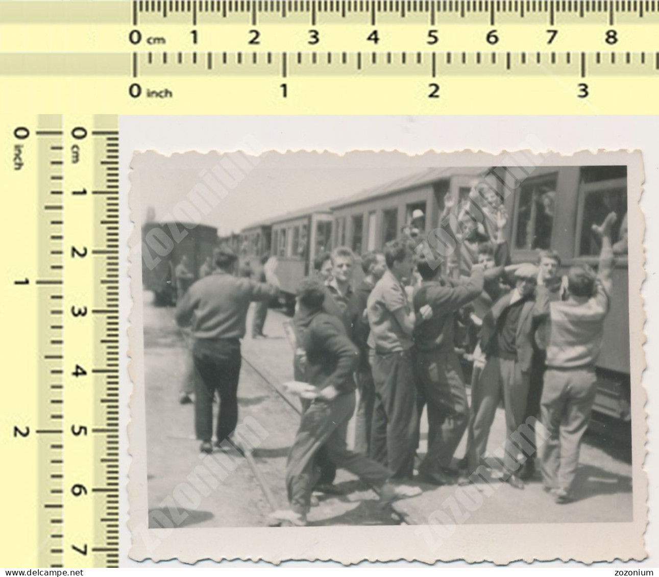 REAL PHOTO  Train Railway Station, People JDZ Yugoslavia  ORIGINAL VINTAGE SNAPSHOT - Trains