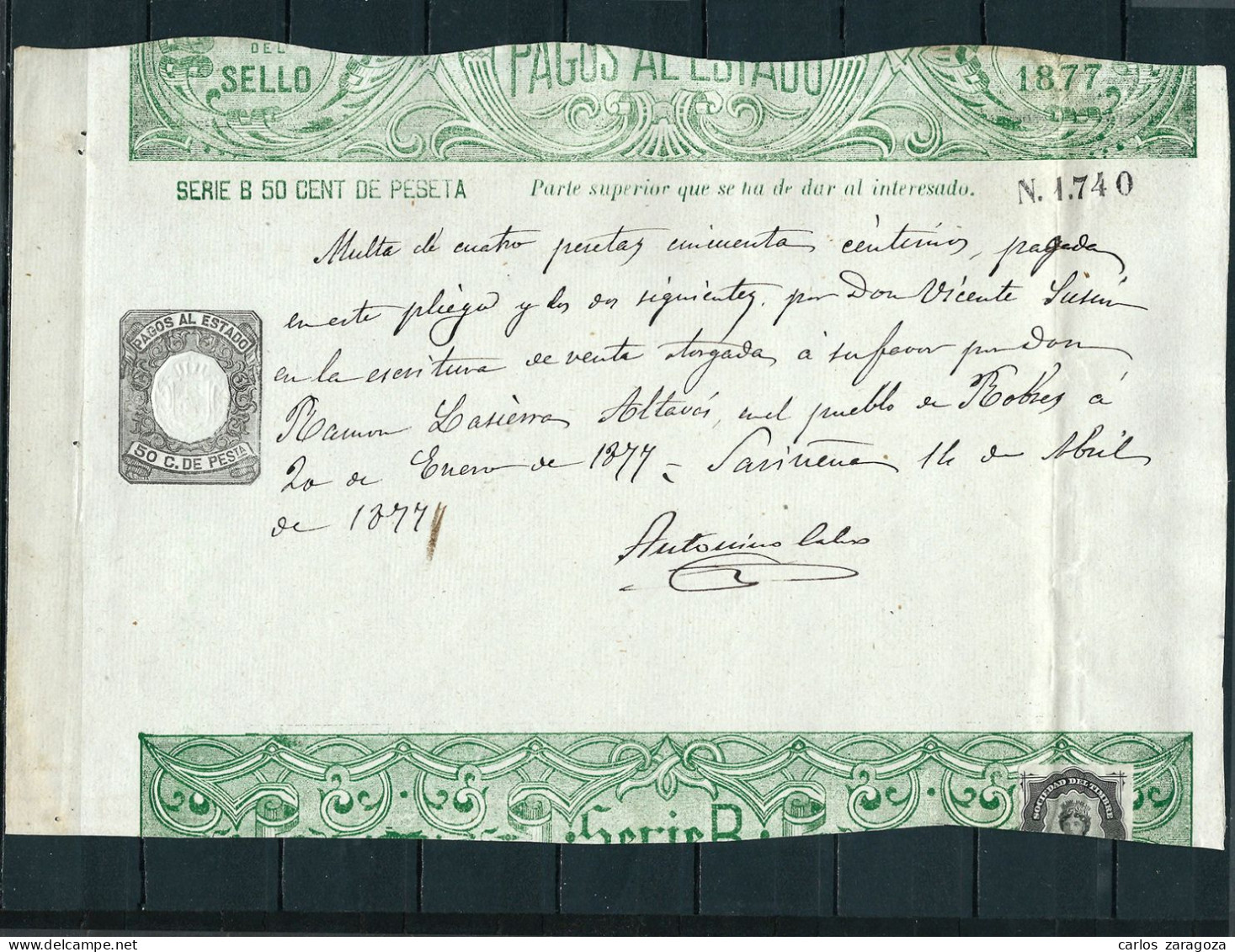 ESPAÑA 1877 — PAGOS AL ESTADO Serie B, 50 Cts — Sello Fiscal SOCIEDAD Del TIMBRE - Revenue Stamps