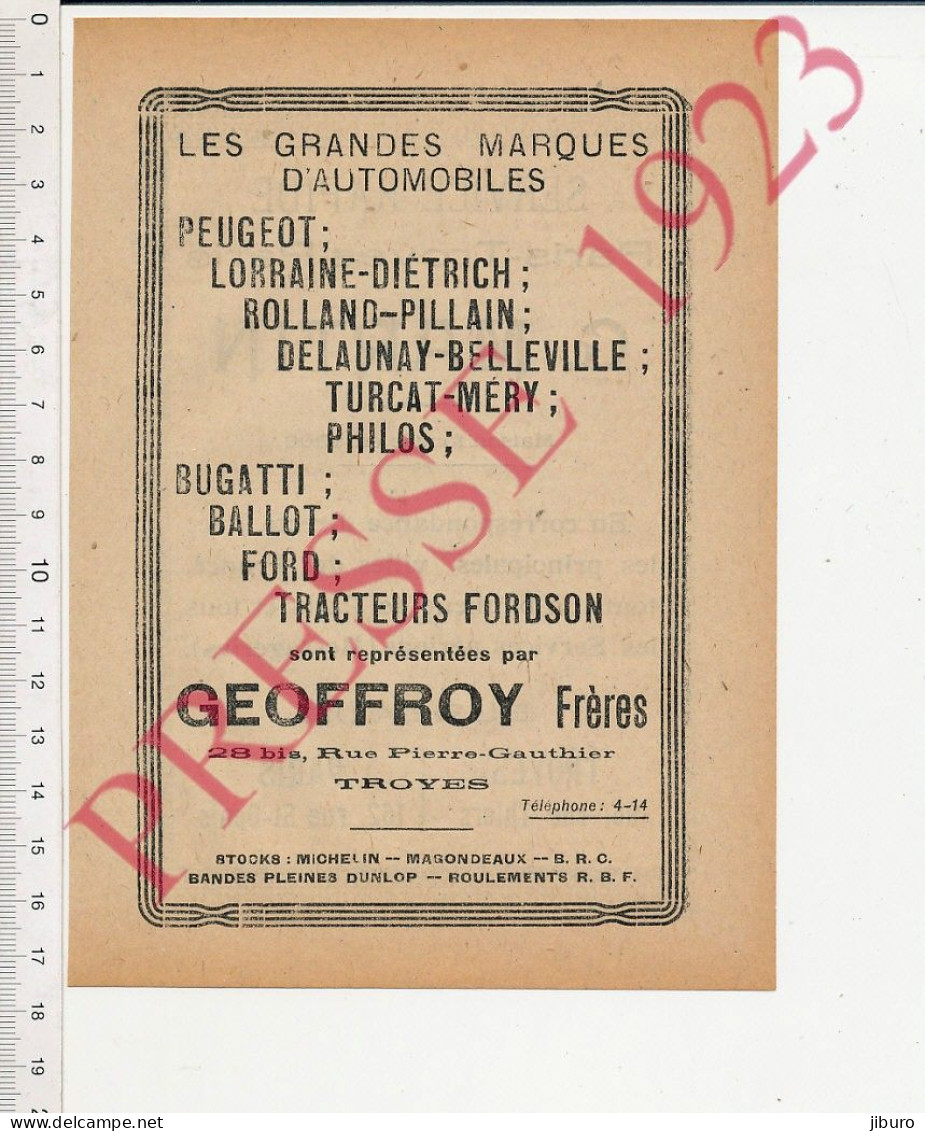 Publicité Geoffroy Troyes Automobiles Lorraine Diétrich Rolland-Pillain Delaunay-Belleville Turcat-Méry Philos Ballot - Unclassified