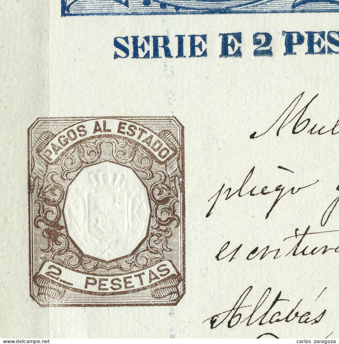 ESPAÑA 1877 — PAGOS AL ESTADO Serie E, 2 Ptas — Sello Fiscal SOCIEDAD Del TIMBRE - Fiscali