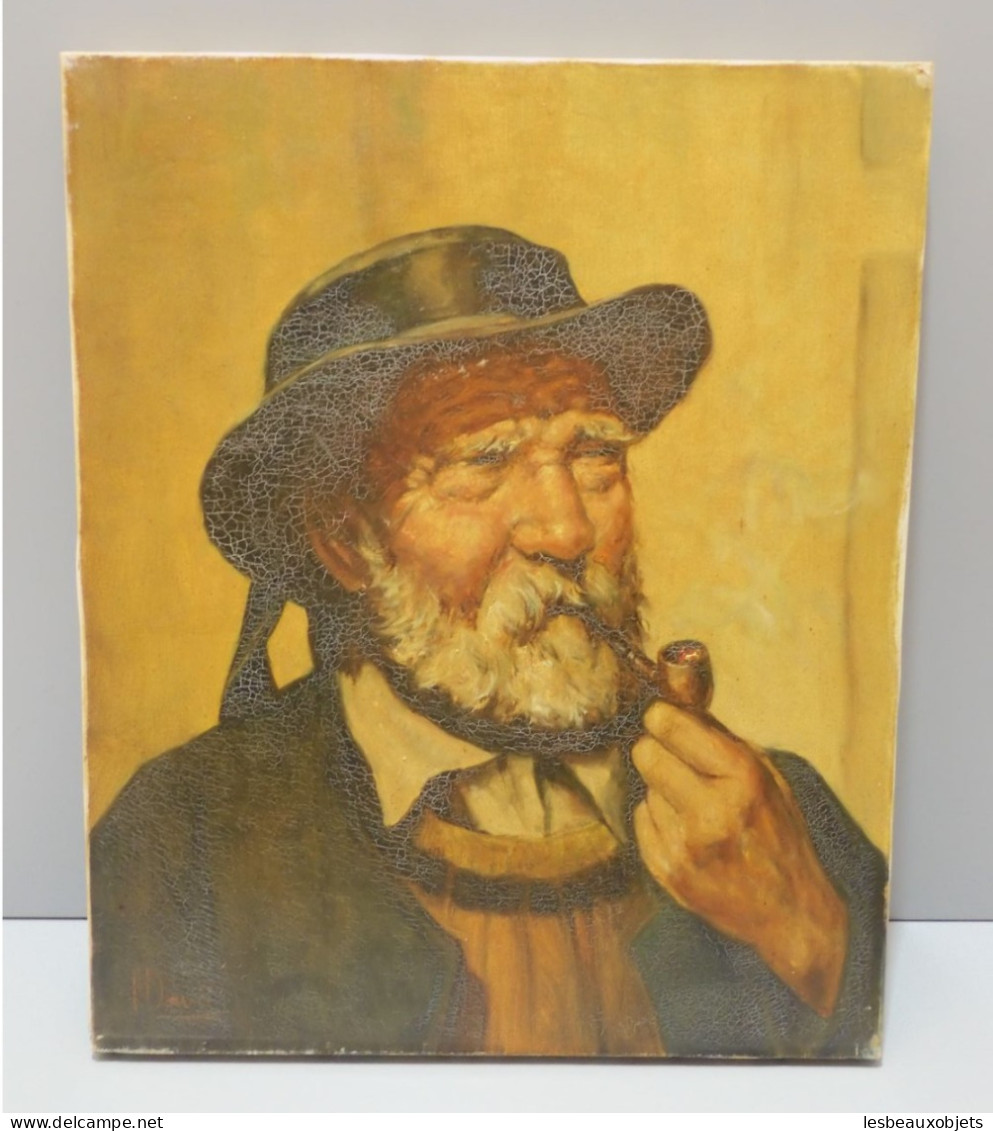 -TABLEAU HUILE SUR TOILE HST PORTRAIT VIEIL HOMME BRETON Signé A DAVID XXe  E - Acrylic Resins