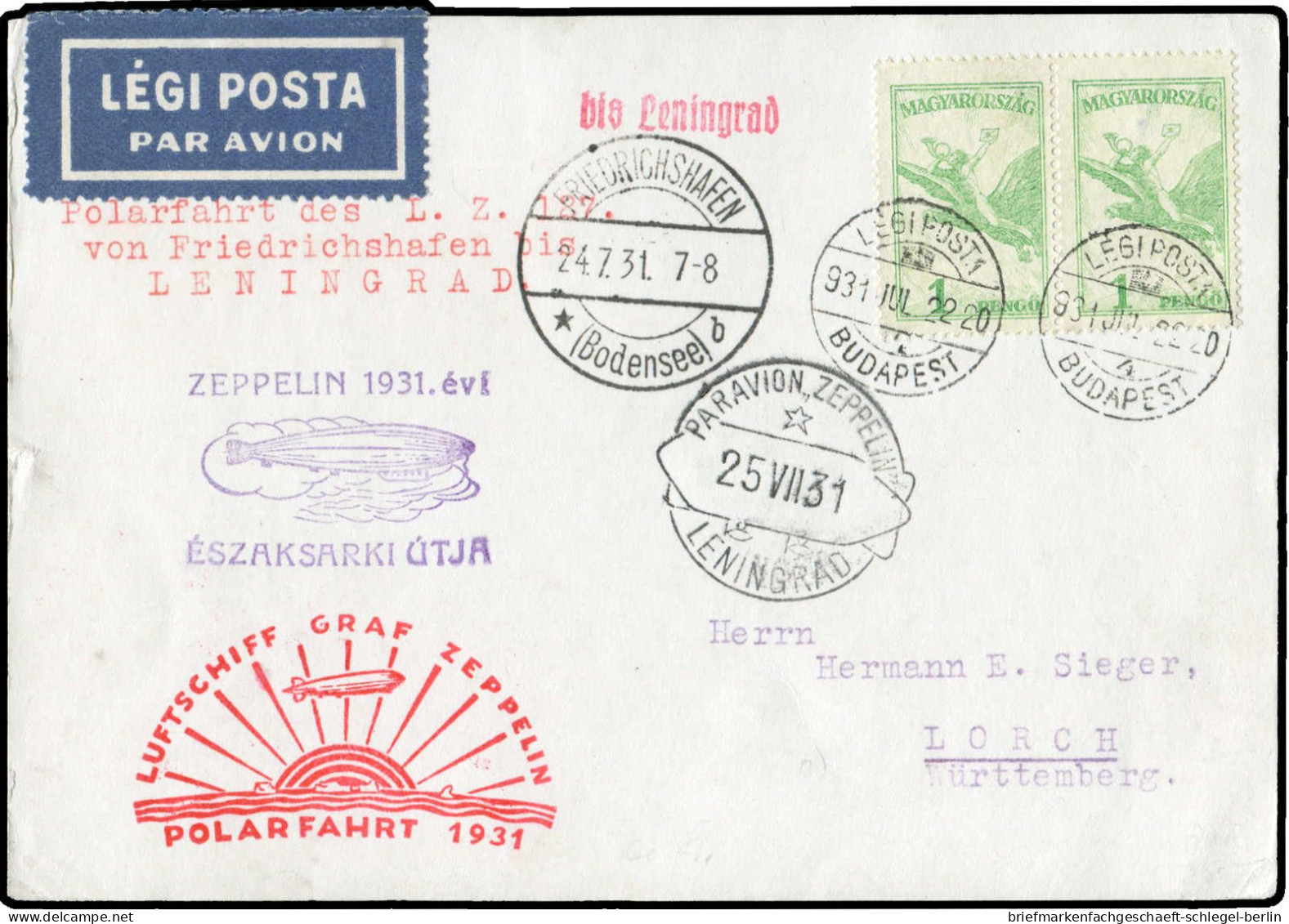 Zeppelin, Zeppelinpost LZ 127, Polarfahrt, 1931, 203 A, Brief - Zeppeline