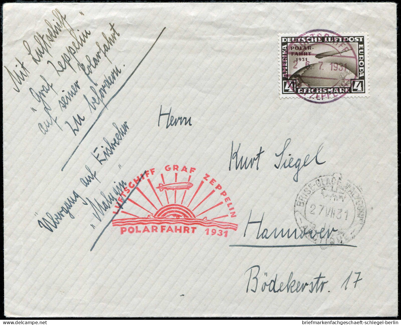 Zeppelin, Zeppelinpost LZ 127, Polarfahrt, 1931, 119 C, Brief - Zeppelins