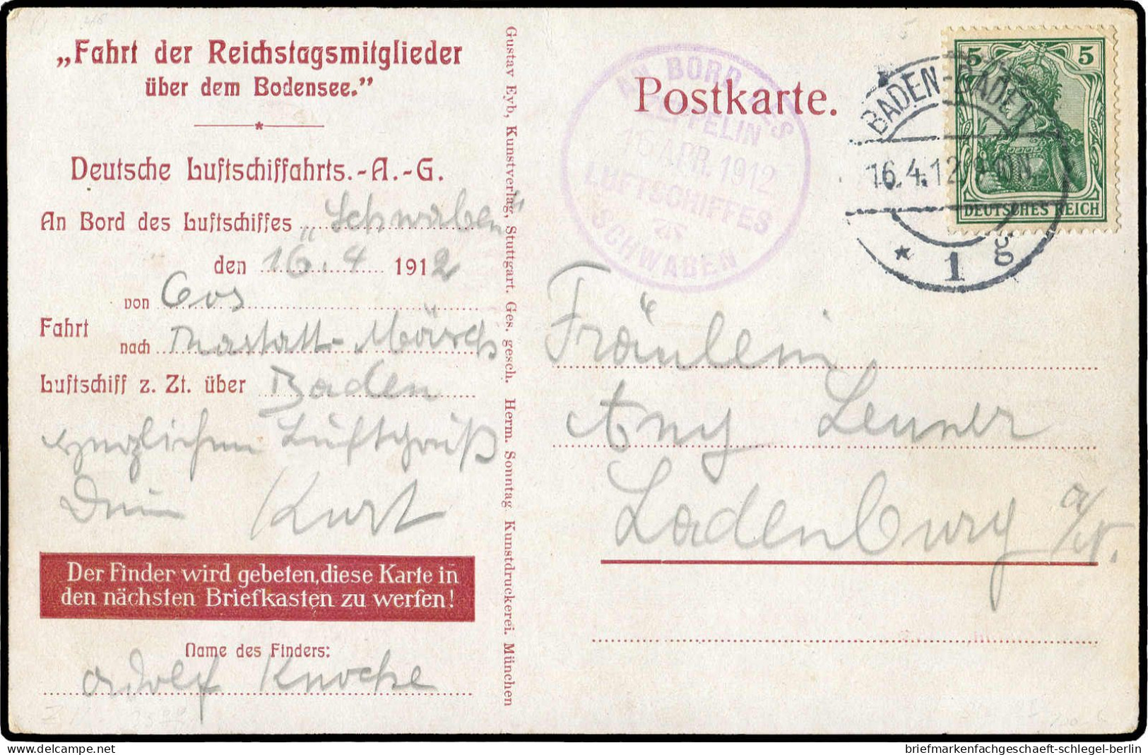 Zeppelin, Zeppelinpost Vor WW-I, 1912, 10 Be, Brief - Zeppeline