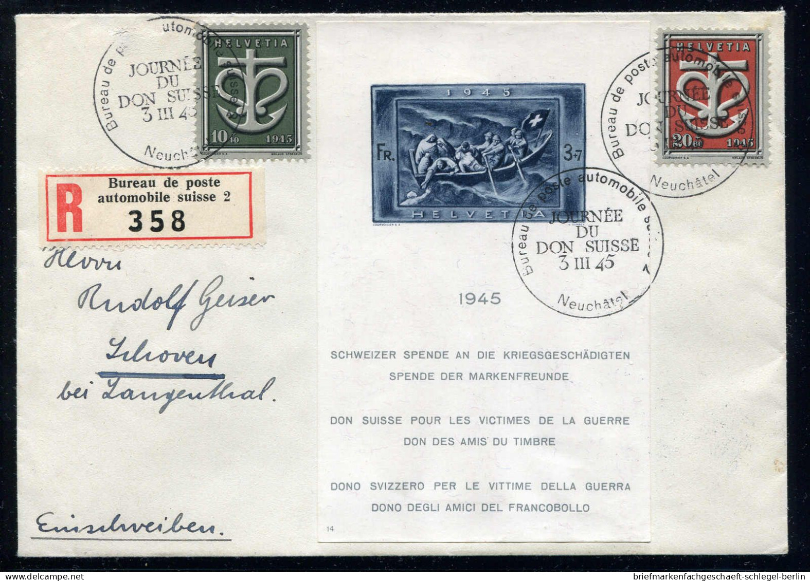 Schweiz, 1945, Bl. 11, Postfrisch, Gestempelt, Brief - Sonstige & Ohne Zuordnung
