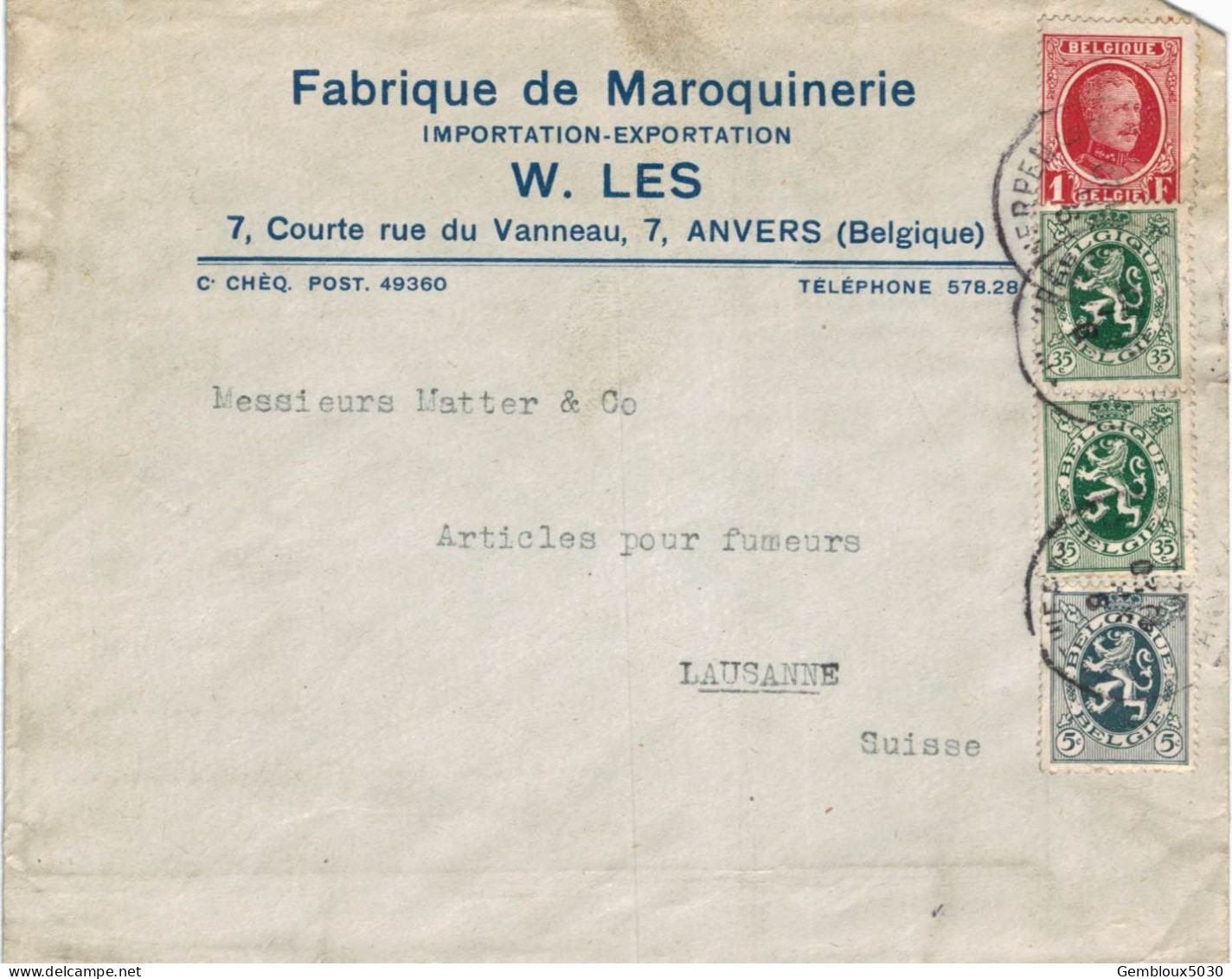(01) Belgique 2 X N° 283 + 279 + 256   Sur Enveloppe écrite D'Anvers Vers Lausanne Suisse - 1922-1927 Houyoux