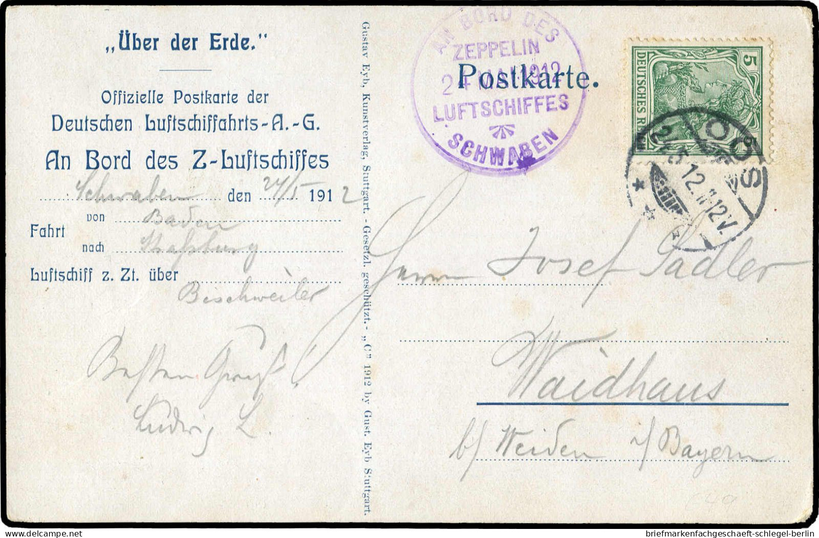 Zeppelin, Zeppelinpost Vor WW-I, 1912, 10 Be, Brief - Zeppeline