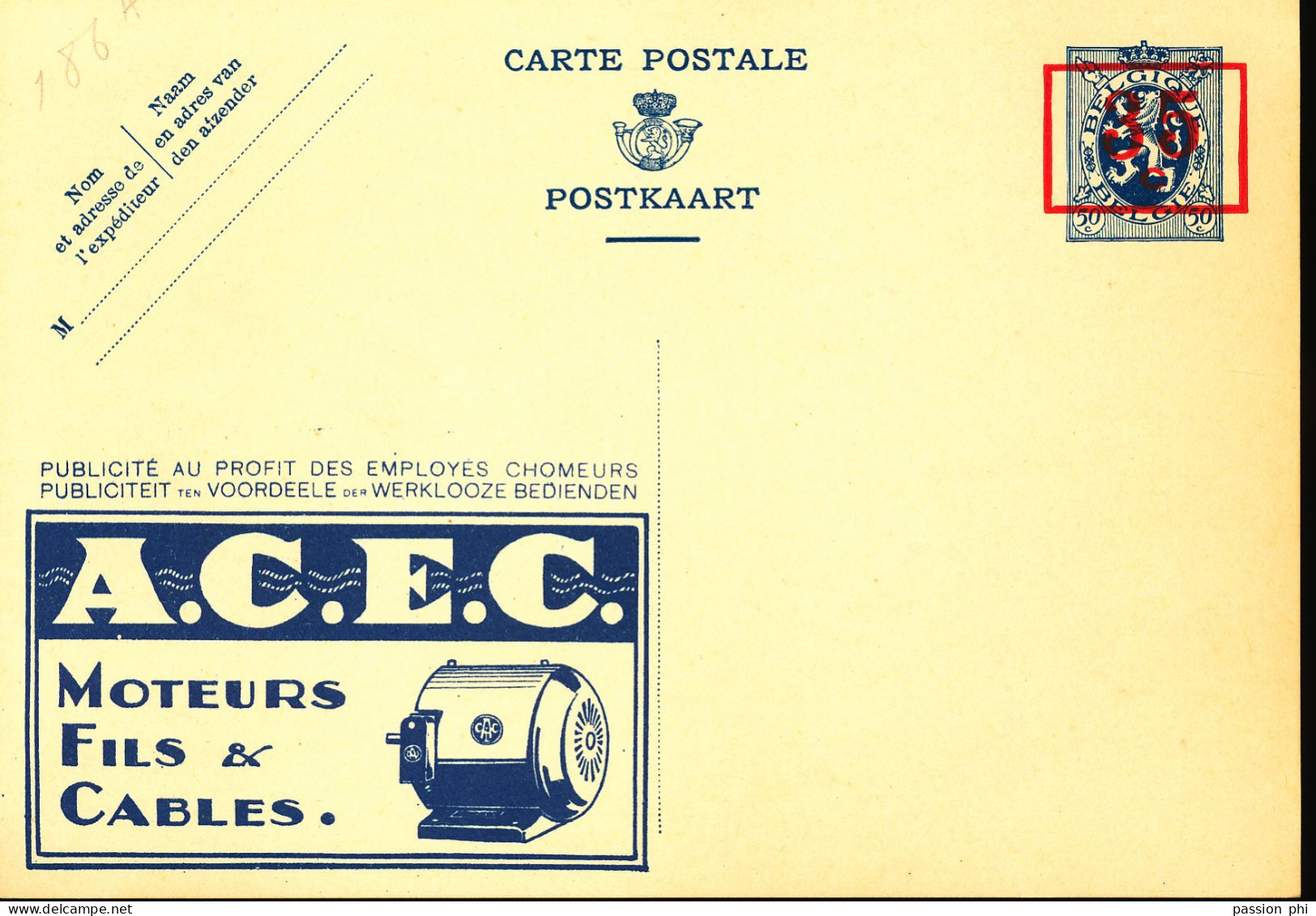 BELGIUM PPS SBEP 4A  "SURCHARGE A LA PEDALE " 35C/50C "186A" ACEC UNUSED - Werbepostkarten