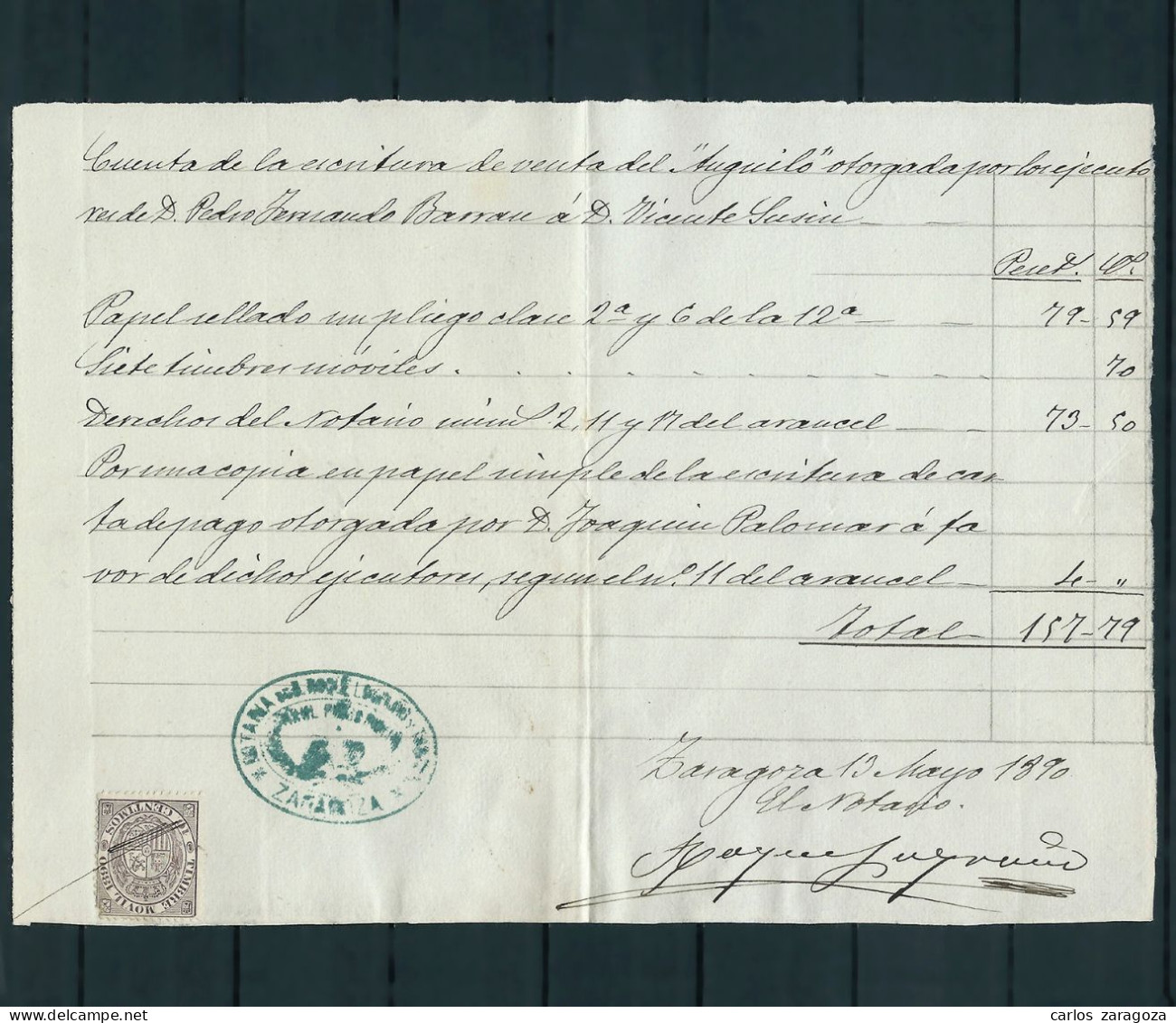 ESPAÑA 1890 — TIMBRE MOVIL 10 Cts. — Sello Fiscal En Factura Notarial - Steuermarken