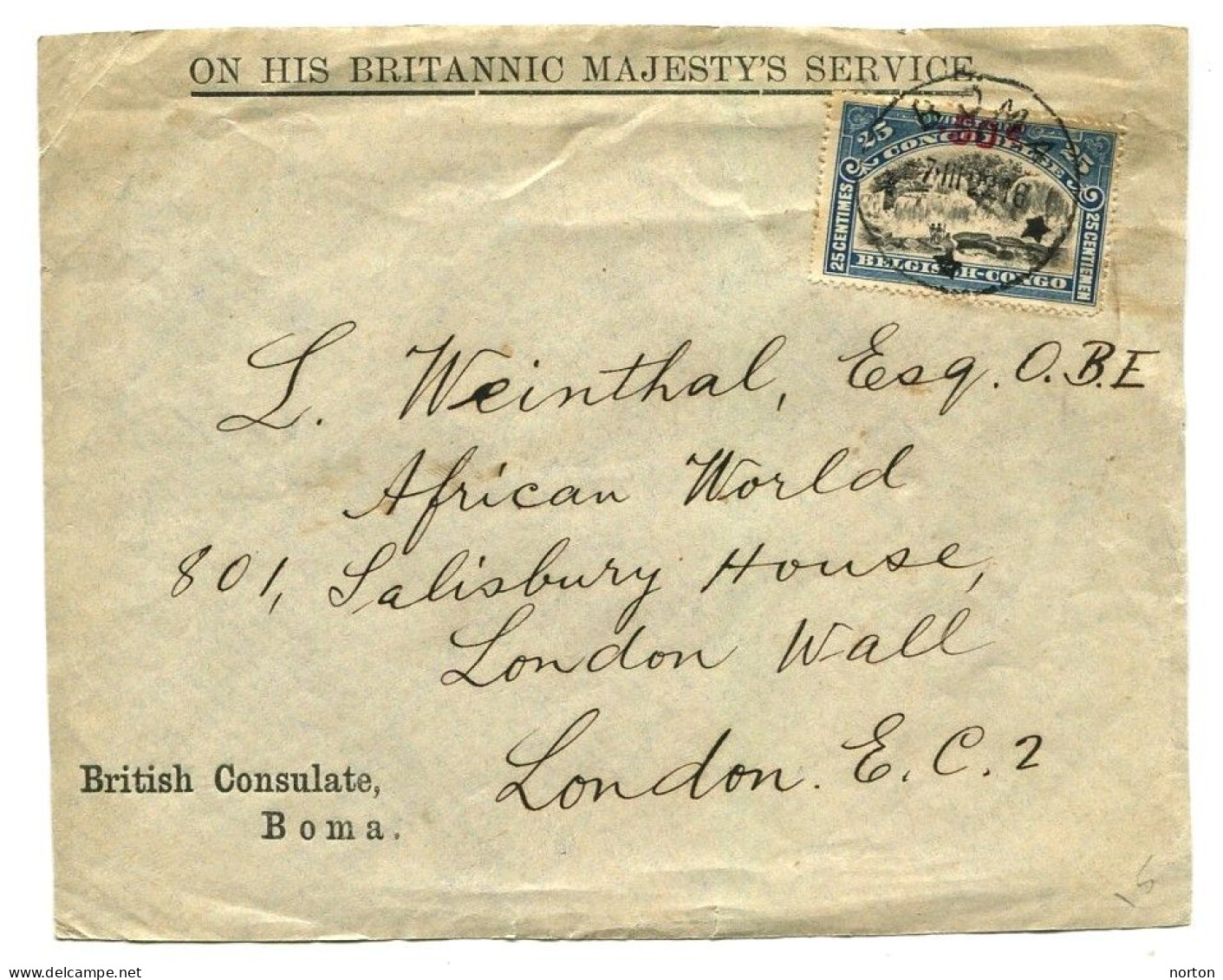 Congo Boma Oblit. Keach 5E2-Dmyt Sur C.O.B. 99 Sur Lettre Vers Londres Le 07/03/1922 - Brieven En Documenten
