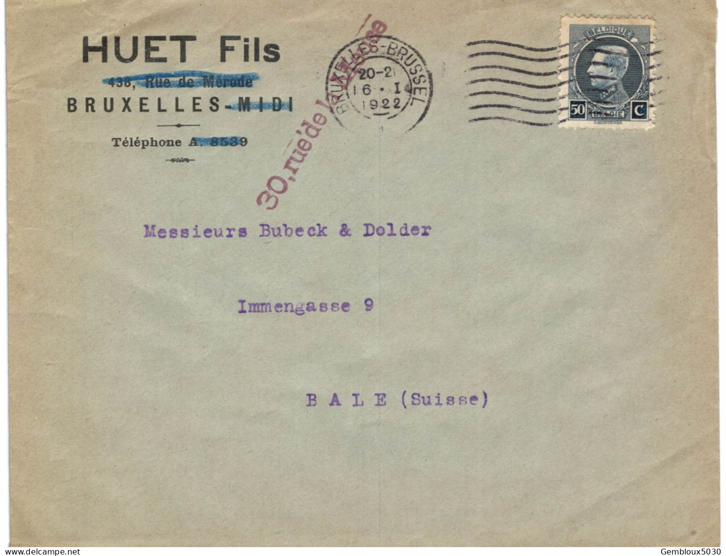 (01) Belgique  N° 211   Sur Enveloppe écrite De Buxelles Vers Bâle Suisse - 1921-1925 Petit Montenez