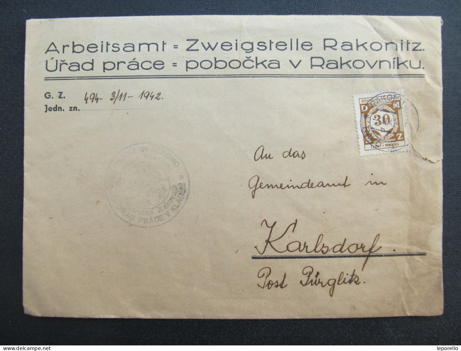 BRIEF Rakovník - Karlsdorf Pürglitz 1942 Služební   /// P6316 - Cartas & Documentos