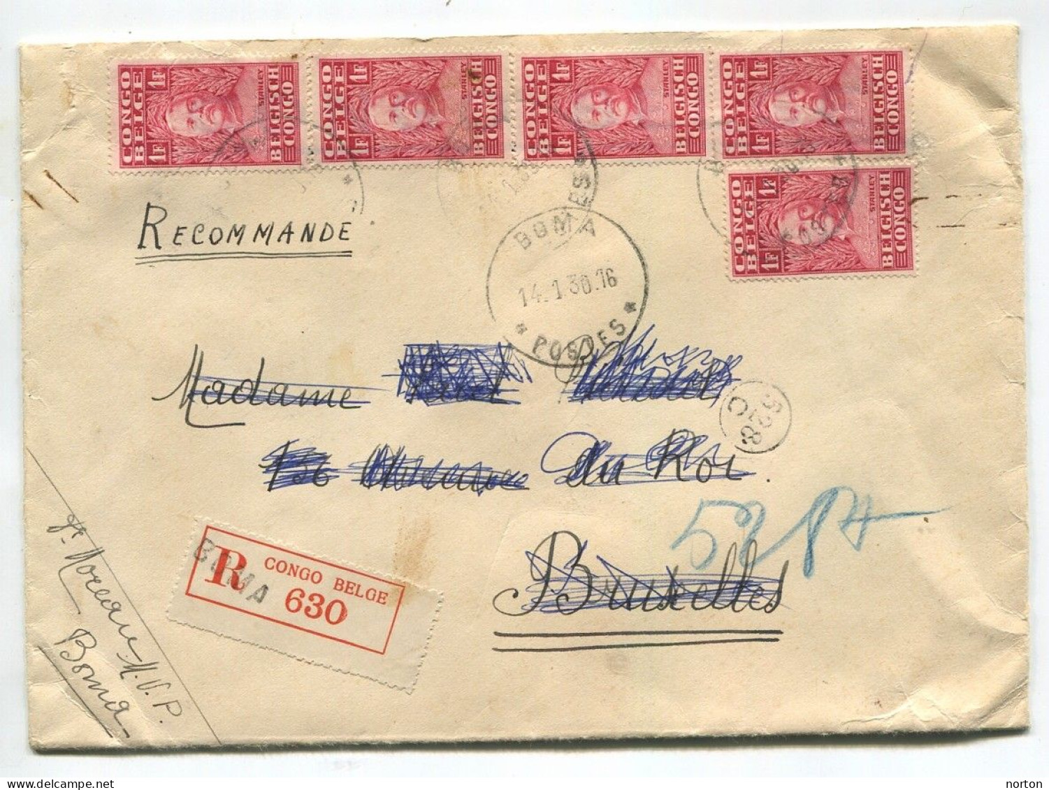 Congo Boma Oblit. Keach 7A1-Dmyt Sur C.O.B. 141 (x5) Sur Lettre Recommandée Vers Bruxelles Le 14/01/1930 - Briefe U. Dokumente