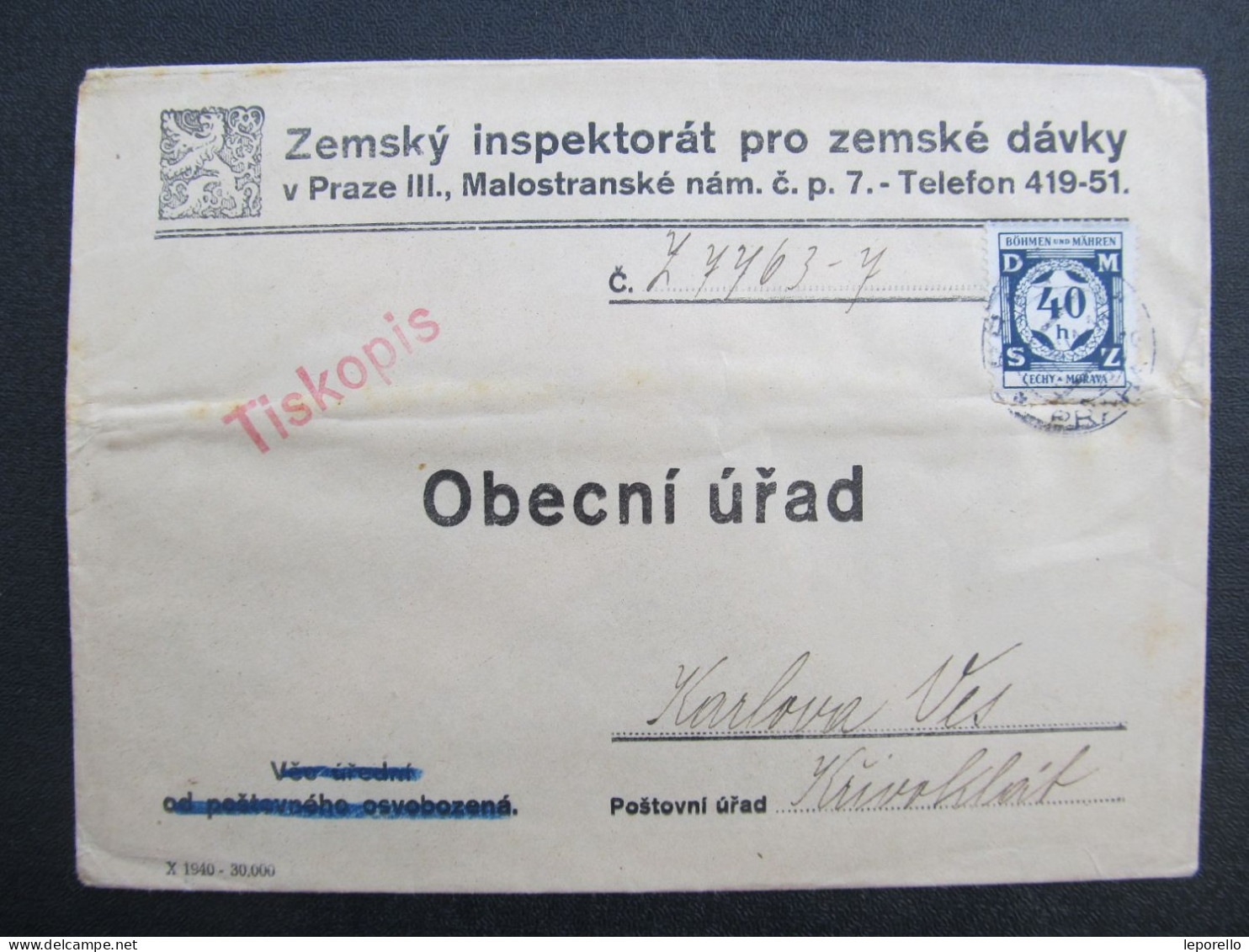 BRIEF Praha - Karlova Ves Křivoklát 1941  Dienstmarken  /// P6320 - Brieven En Documenten