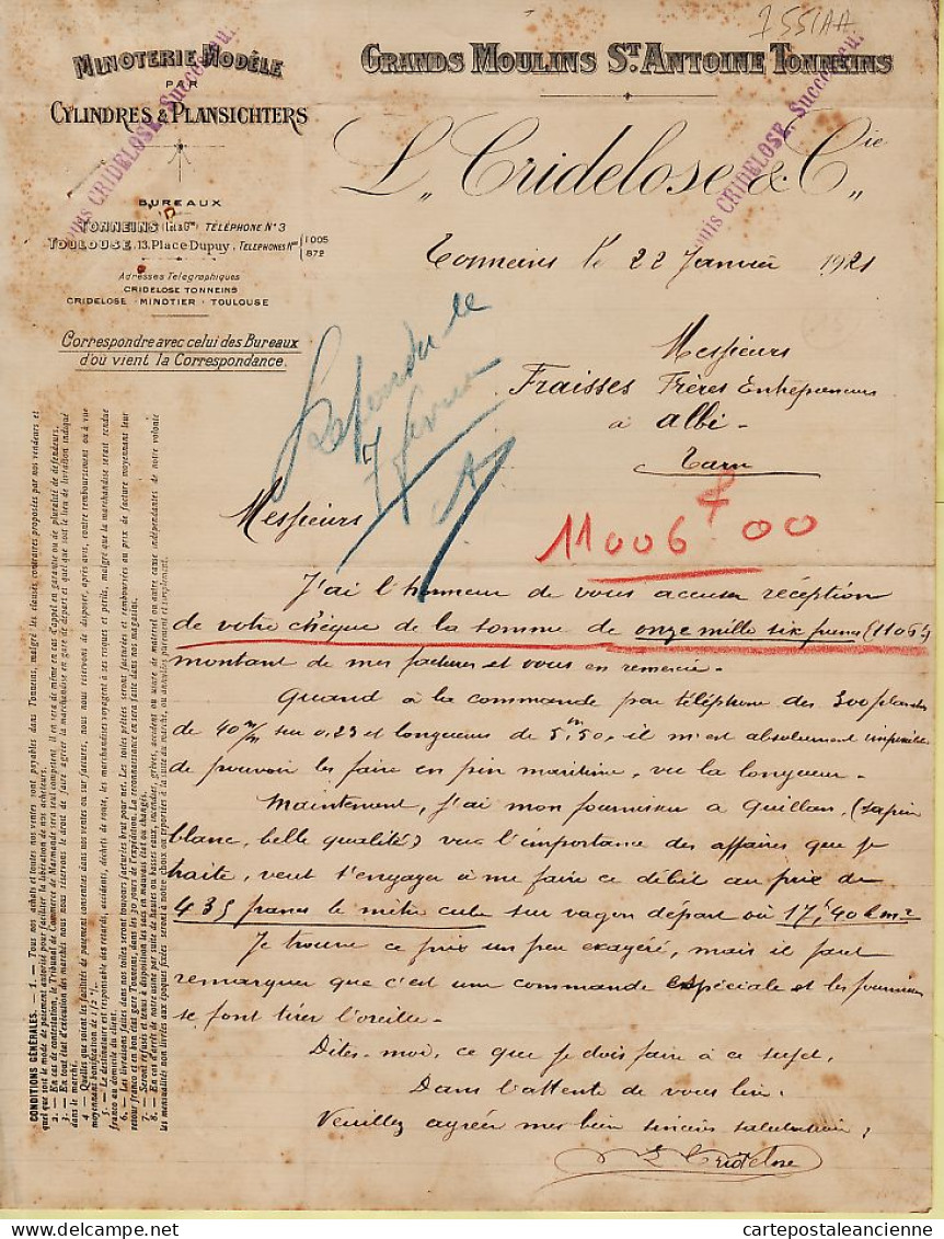 27607 / Lisez TONNEINS CRIDELOSE Minoterie Plansichters Grands-Moulins SAINT-ANTOINE 1921 à FRAISSE Entrepreneur ALBI - 1900 – 1949