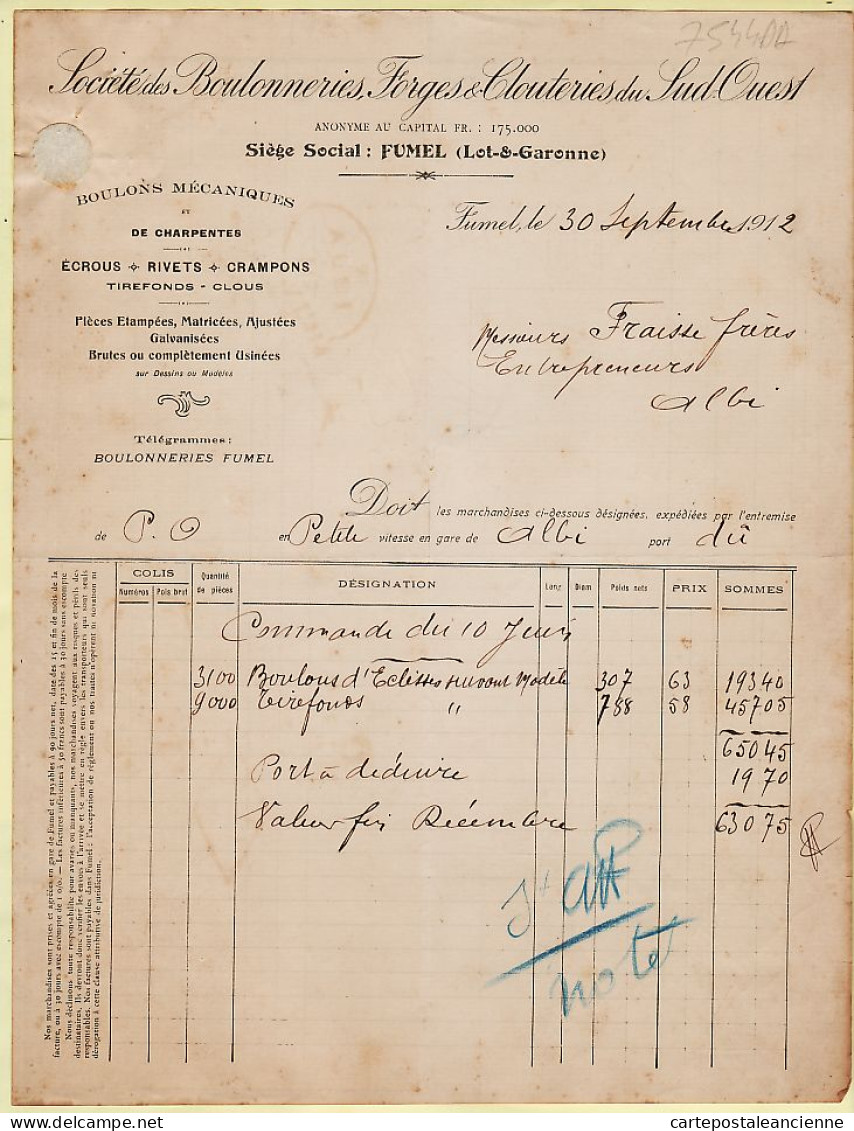 27612 / FUMEL Boulonneries Forges Clouteries SUD-OUEST Mandat + Facture 30-09-1912 à Jean FRAISSE Entrepreneur ALBI - 1900 – 1949