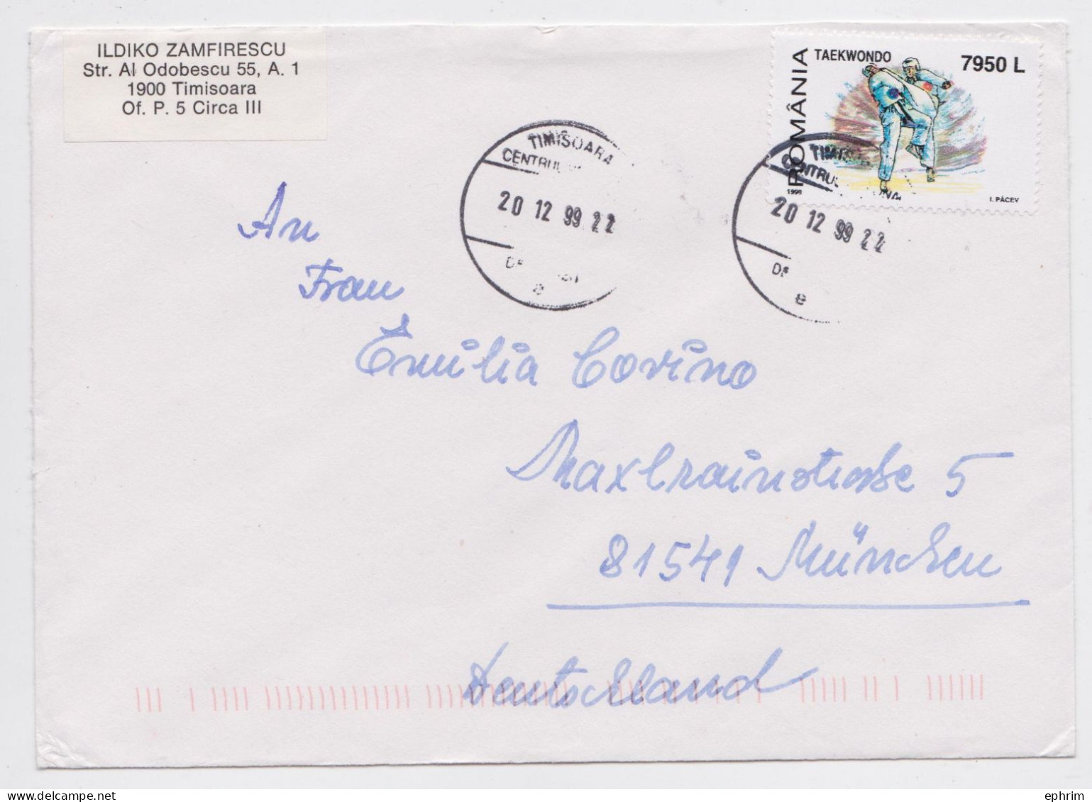 Roumanie Romania Timisoara Lettre Timbre Taekwondo Stamp Air Mail Cover 1999 - Covers & Documents