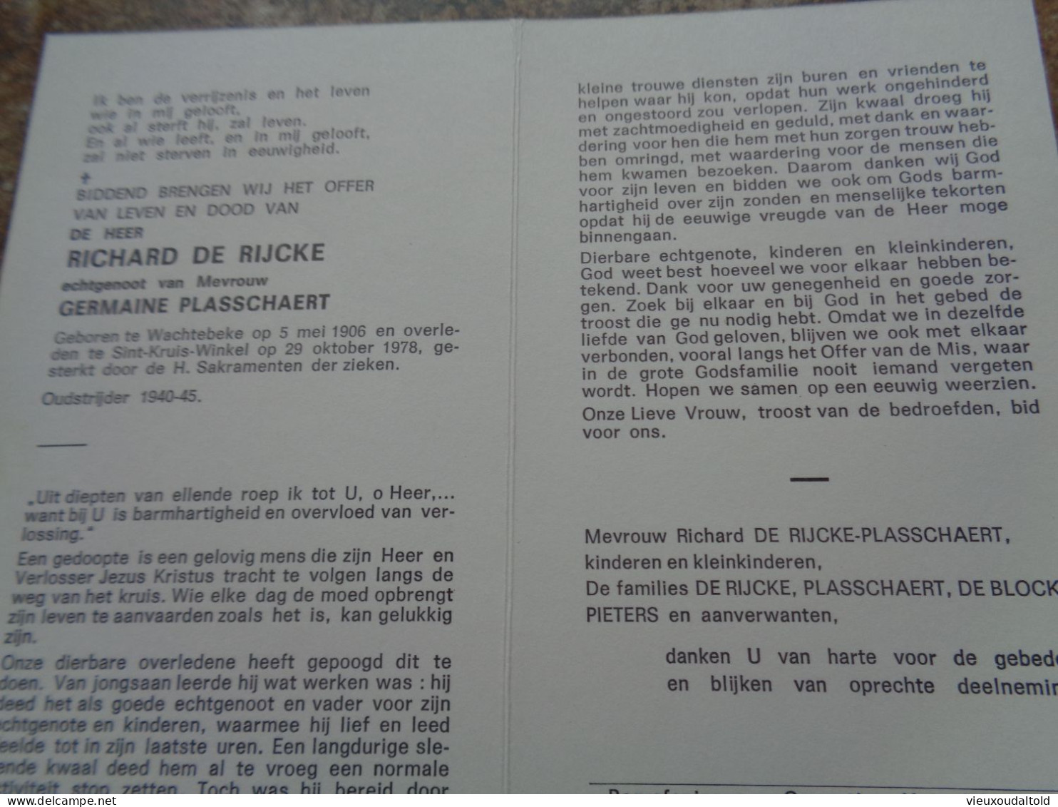 Doodsprentje/Bidprentje  RICHARD DE RIJCKE   Wachtebeke 1906-1978 St Kruis Winkel  (Echtg Germaine PLASSCHAERT) - Religion & Esotérisme