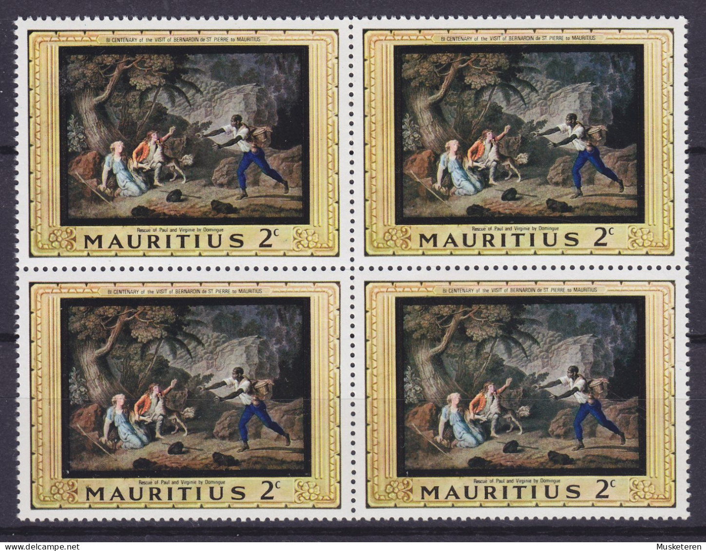 Mauritius 1968 Mi. 325, 2c. Bernadine De St. Pierre Rescue Of Paul And Virginie By Domenique 4-Block, MNH** - Mauricio (1968-...)