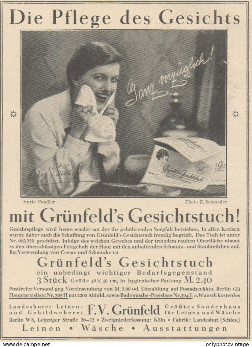 GRUNFELD'S Gesichtstuch - Pubblicità D'epoca - 1927 Old Advertising - Advertising