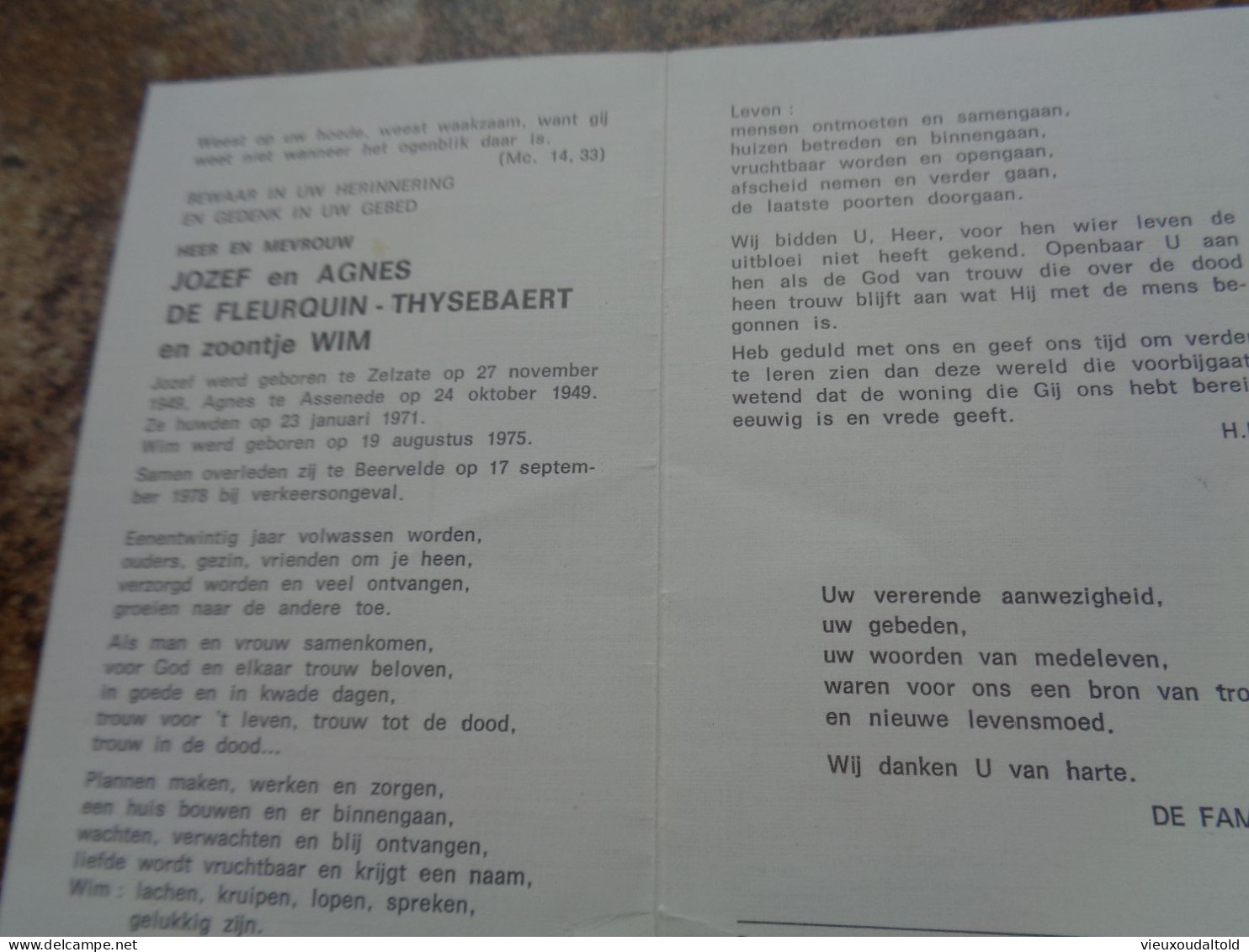 Doodsprentje/Bidprentje  J & A  DE FLEURQUIN-THYSEBAERT  En Zntje Wim  † 1978 Beervelde Verkeersongeval - Religion & Esotericism