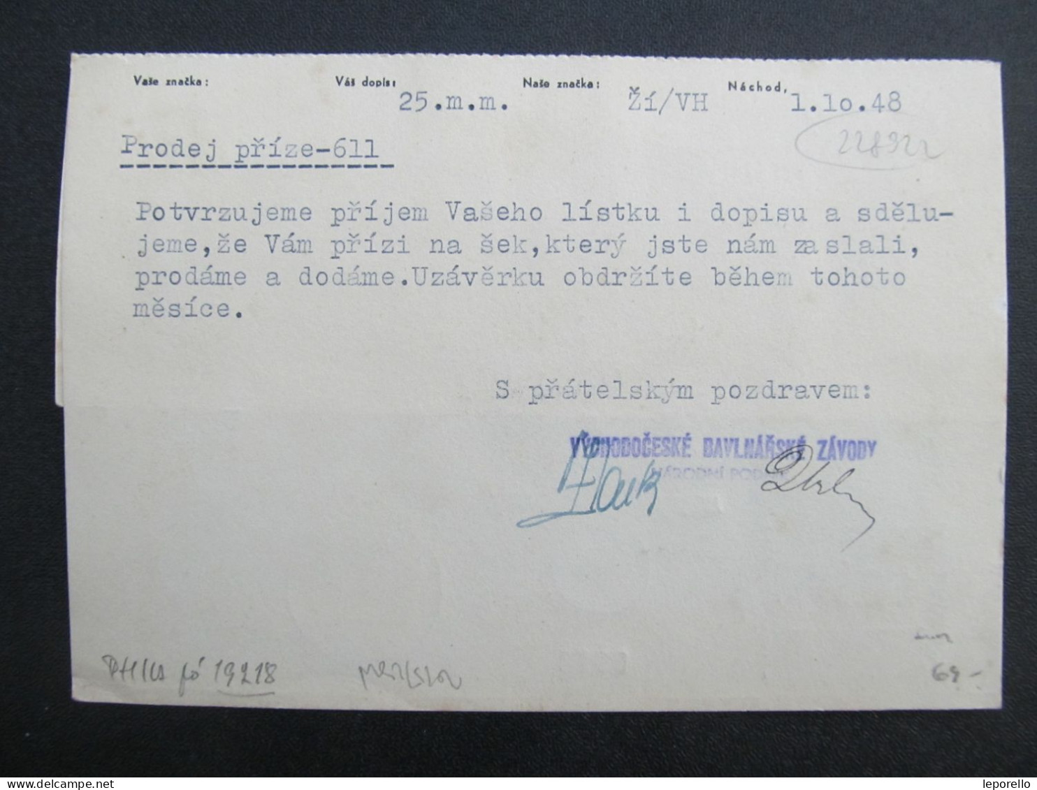 BRIEF  Náchod Východočeské Bavlnářské Závody - Kunžak 1948 Frankotyp Frankotype Postfreistempel  /// P6352 - Brieven En Documenten