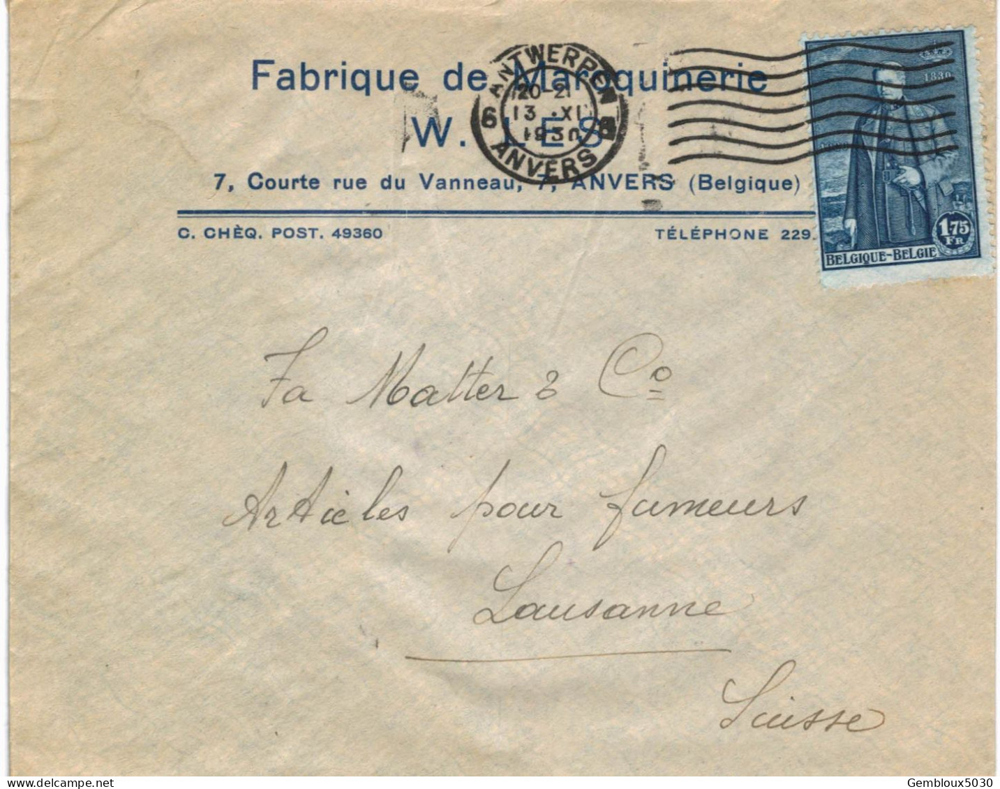 (01) Belgique  N° 304   Sur Enveloppe écrite D'Anvers Vers Lausanne Suisse - Covers & Documents