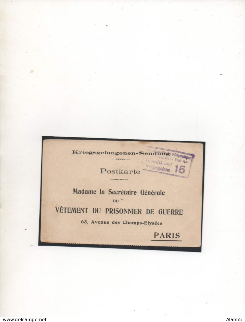 ALLEMAGNE,1917, VETEMENT DU PRISONNIER DE GUERRE, ACCUSÉ RÉCEPTION,CENSURE - Prisoners Of War Mail