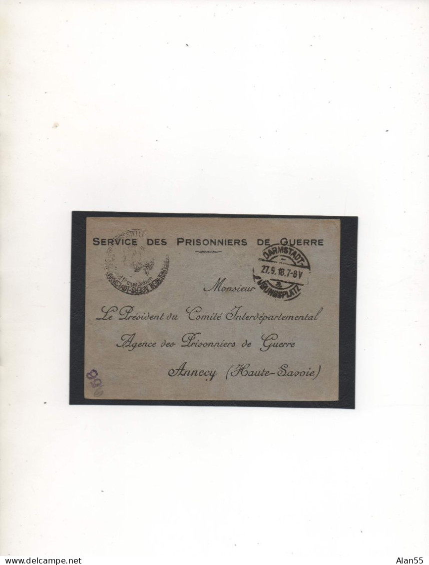 ALLEMAGNE,1918, AGENCE PRISONNIERS DE GUERRE ANNECY (HAUTE SAVOIE), ACCUSE RECEPTION ,CENSURE  - Courriers De Prisonniers